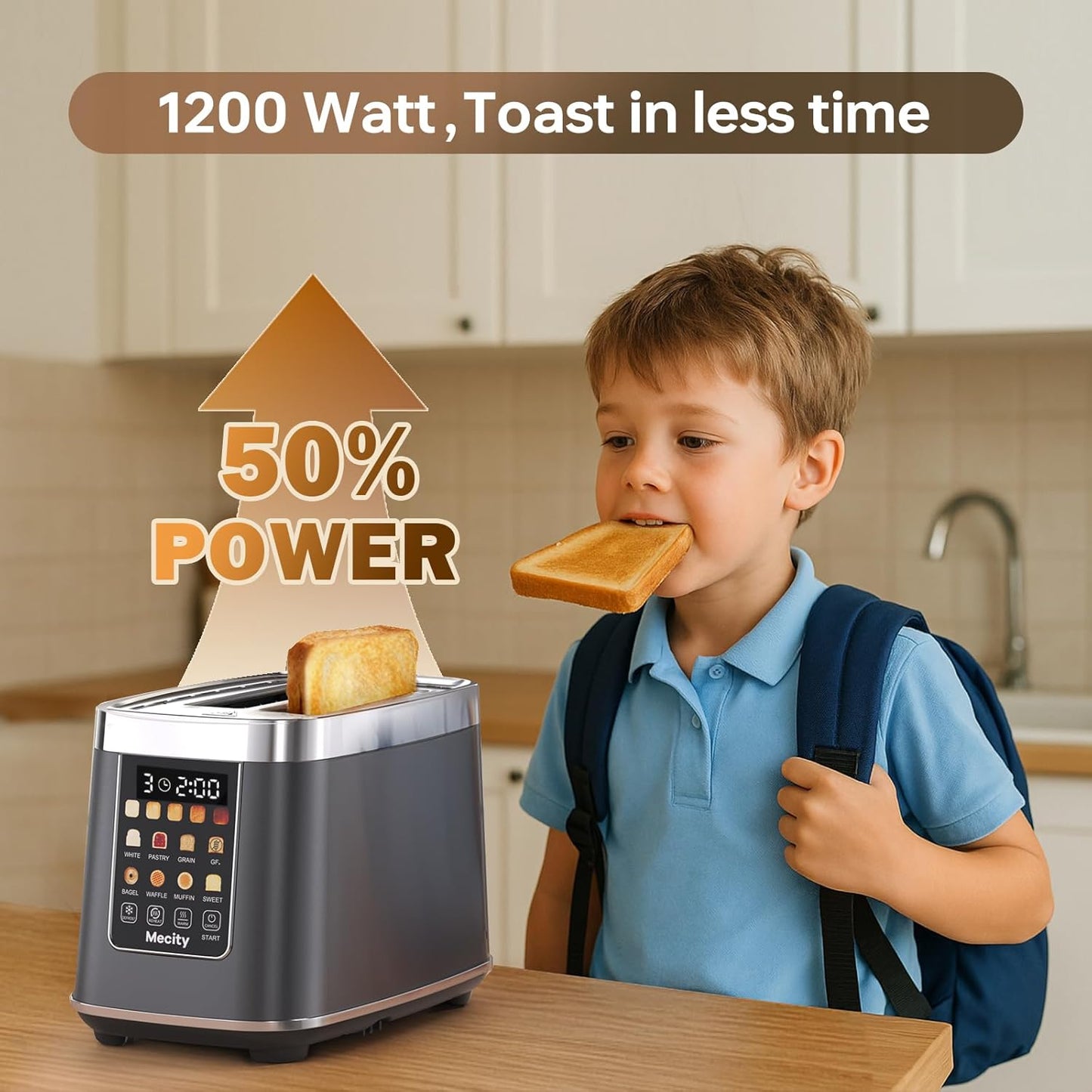 Mecity 2 Slice Toaster with Touch Screen & Auto Lift, Stainless Steel Cool-Touch Toaster with 8 Bread Settings, 5 Shade Levels, 1200W High Power, Keep Warm & Reheat Function, Metallic Grey, 120V
