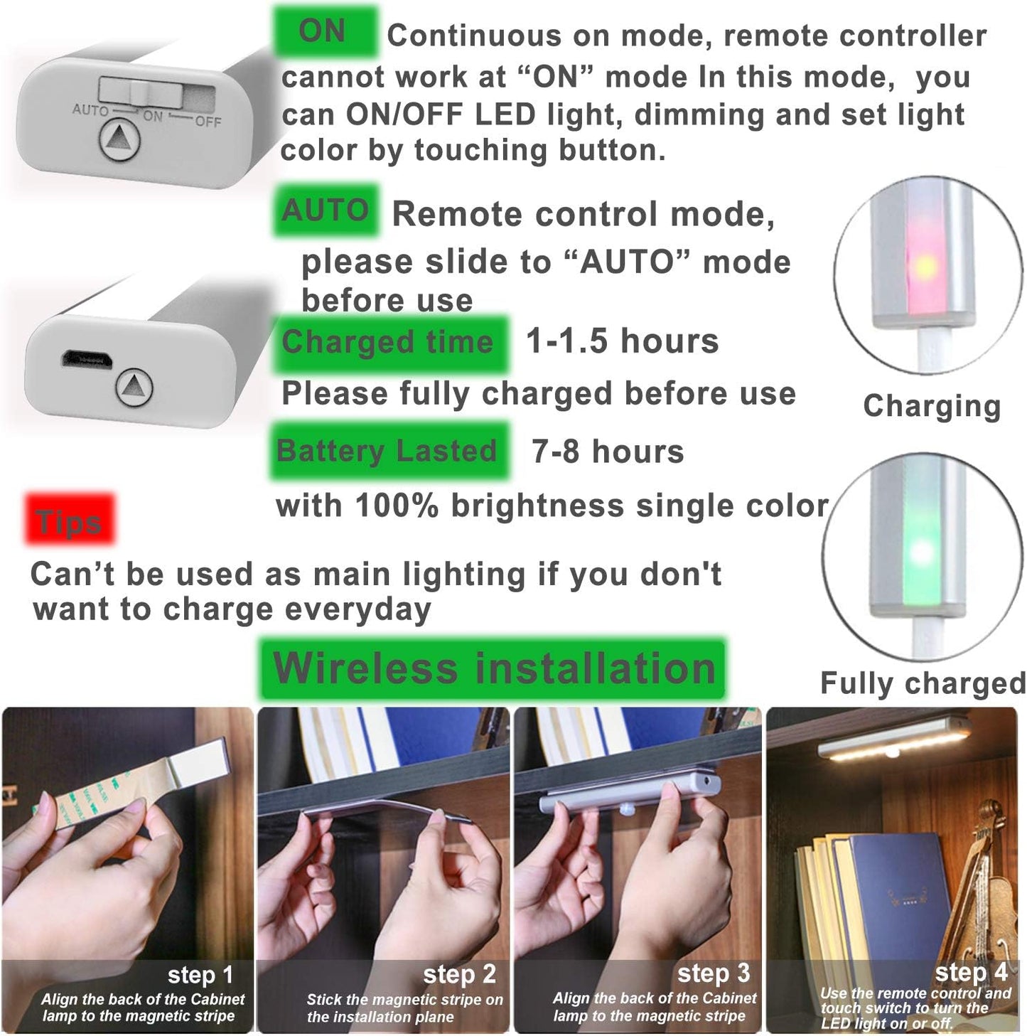 LDOPTO Under Cabinet Lights Wireless 4 Pack, Rechargeable Battery Operated Lights with Remote, Dimmable Led Closet Lights, Under Counter Lights Stick-on Touch Night Light for Kitchen, 3 Colors