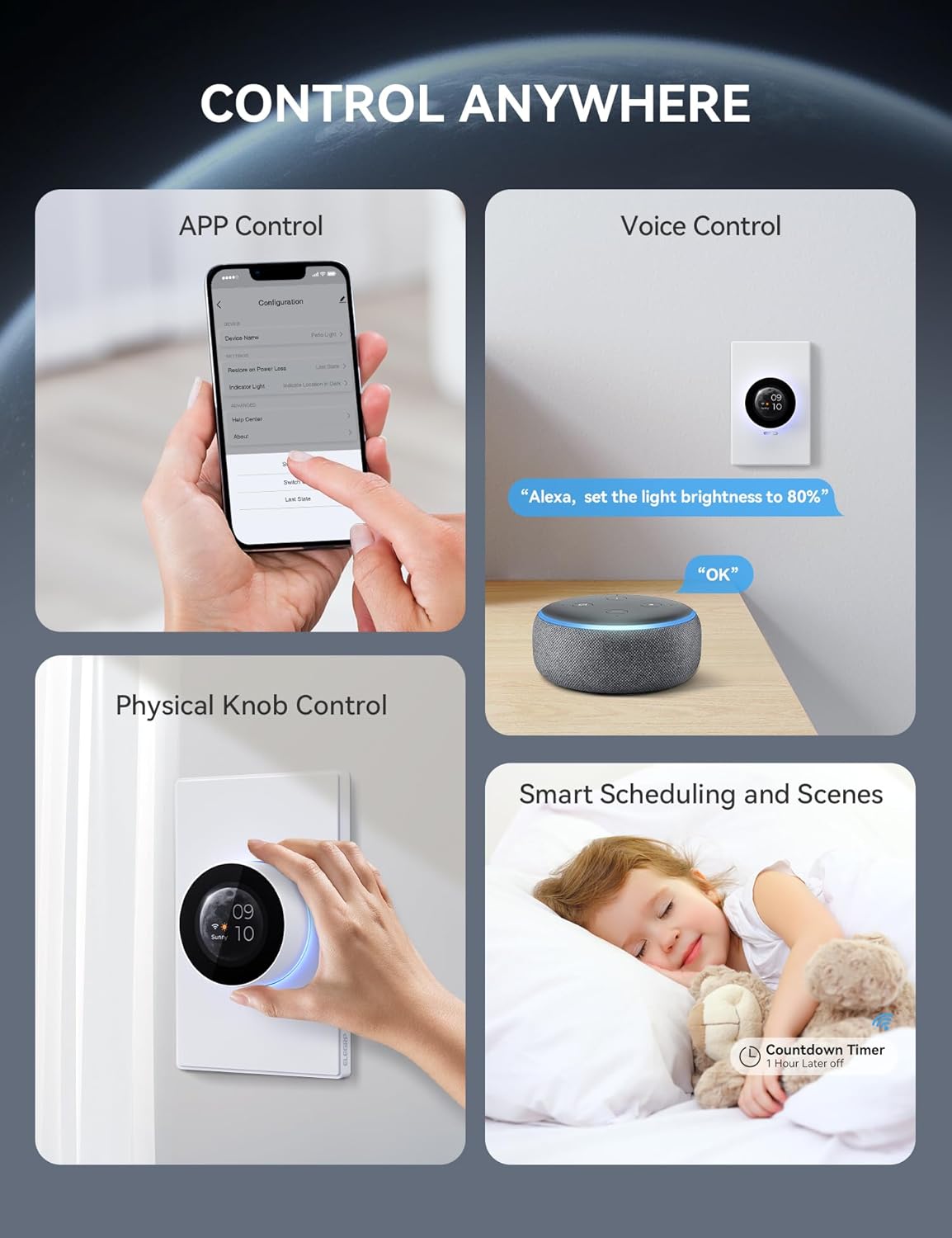 ELEGRP WiFi Smart Rotary Traic Dimmer with 1.8 inch TFT Display Screen, Single Pole, Needs Neutral Wire, 2.4GHz Wi-Fi, Compatible with Alexa and Google Home, No Hub Required, UL Listed, 1 Pack, White