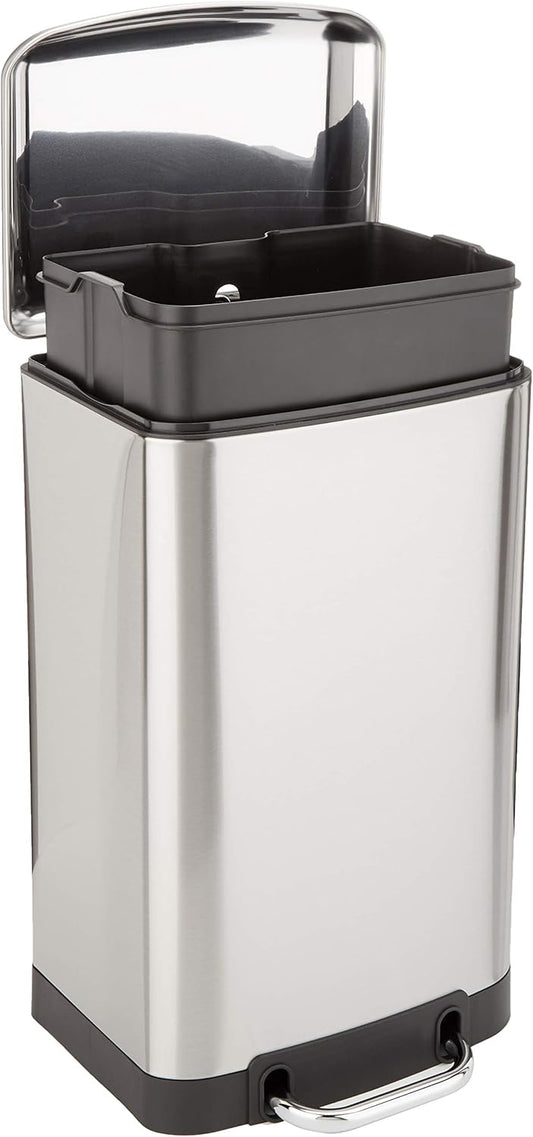 Amazon Basics Rectangular Small Trash Can with Lid and Soft-Close Foot Pedal for Bathroom, Bedroom, Living Room, Office, Smudge Resistant, 20l / 5.3 gallon, Nickel