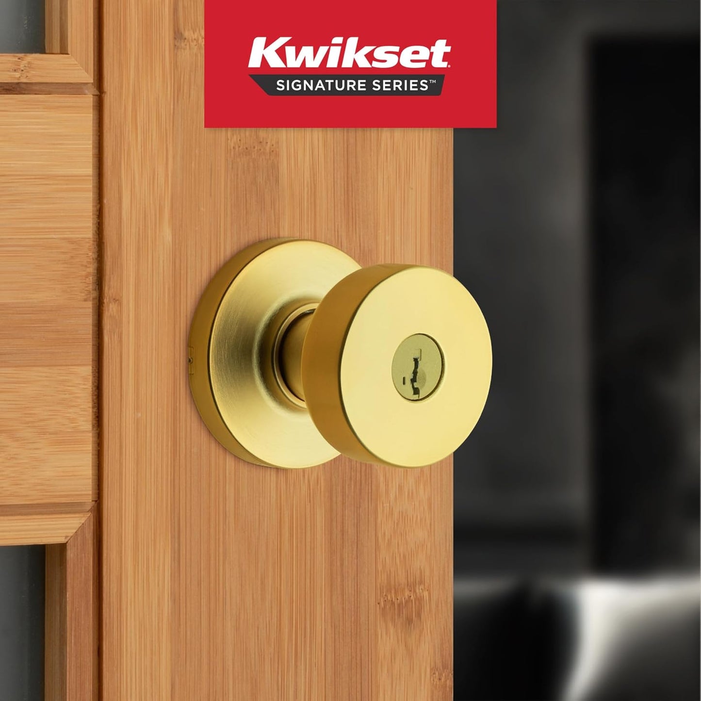 Kwikset Pismo Entry Door Knob with Lock and Key, Secure Keyed Handle Exterior, Front Entrance and Bedroom, Satin Brass, 4 Pack, Pick Resistant SmartKey Rekey Security