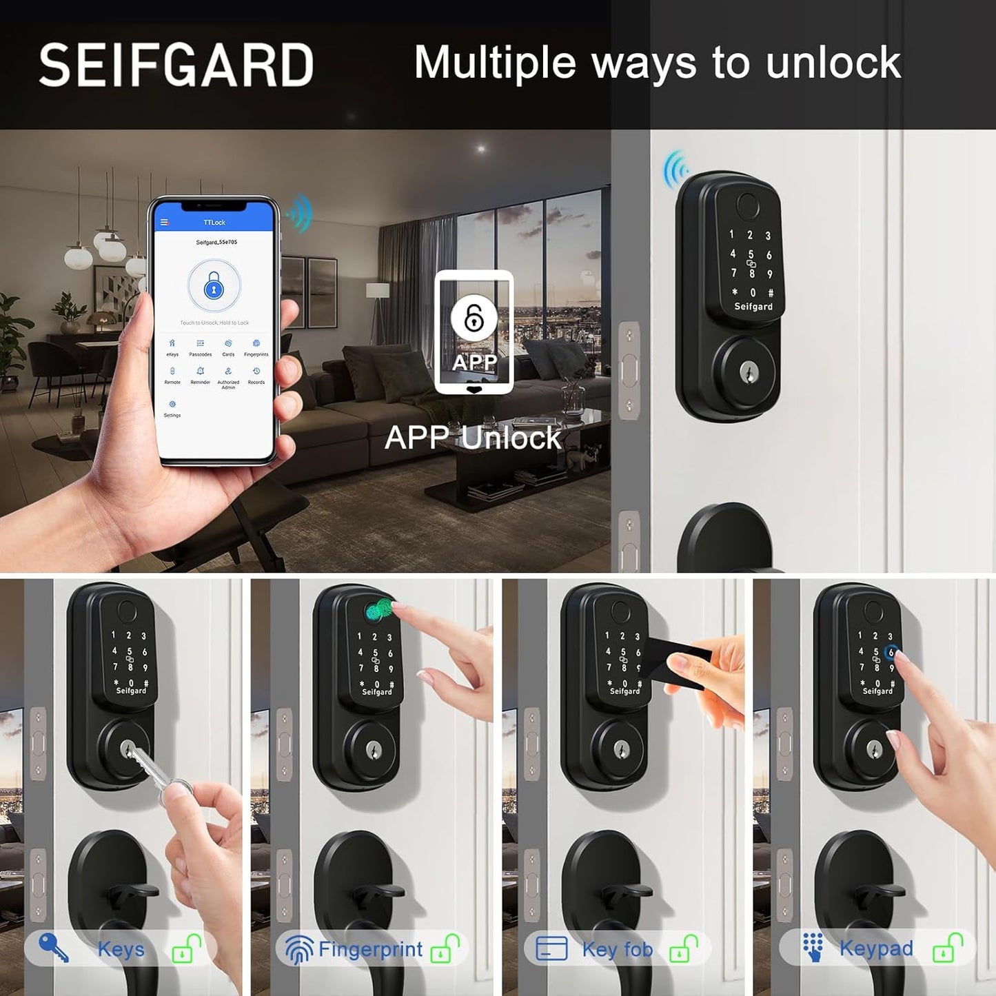 Keyless Entry Door Lock with Handle Set, Smart Door Lock for Front Door with Woodworking Flat Wing Drill, Electronic Keypad Deadbolt Lock, Auto Lock Compatible with Alexa, Black