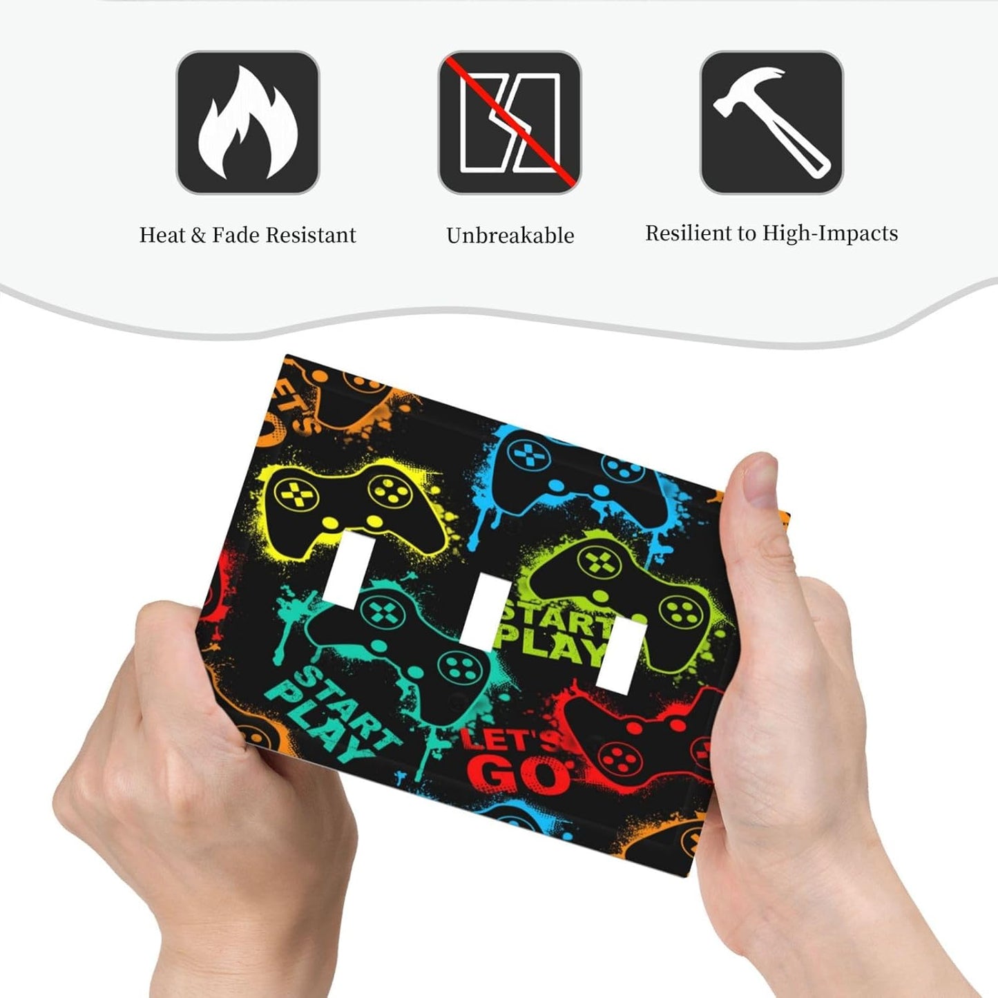 Decorative Light Switch Plate Covers Gamepad Theme Graffiti 3 Gang Light Switch Cover Triple Toggle Wall Plate Outlet Covers for Game Room Bedroom Home Decor