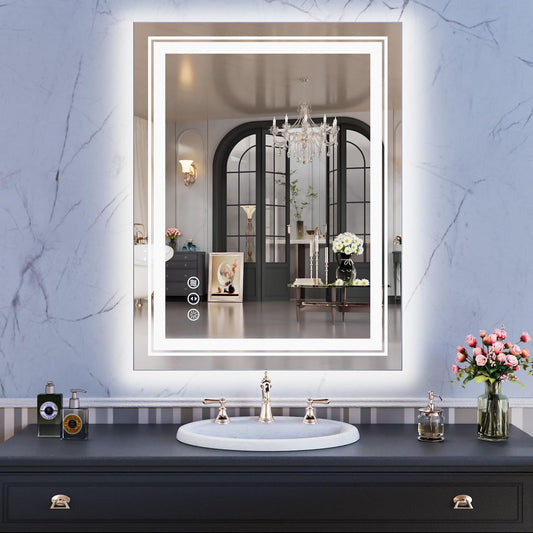 WTTY LED Bathroom Mirror with Backlit and Front Light, 27.5" X 35.4" Stepless Dimmable LED Mirror for Bathroom,Anti-Fog Lighted Bathroom Vanity Mirror Modern,Memory Function,Shatter-Proof