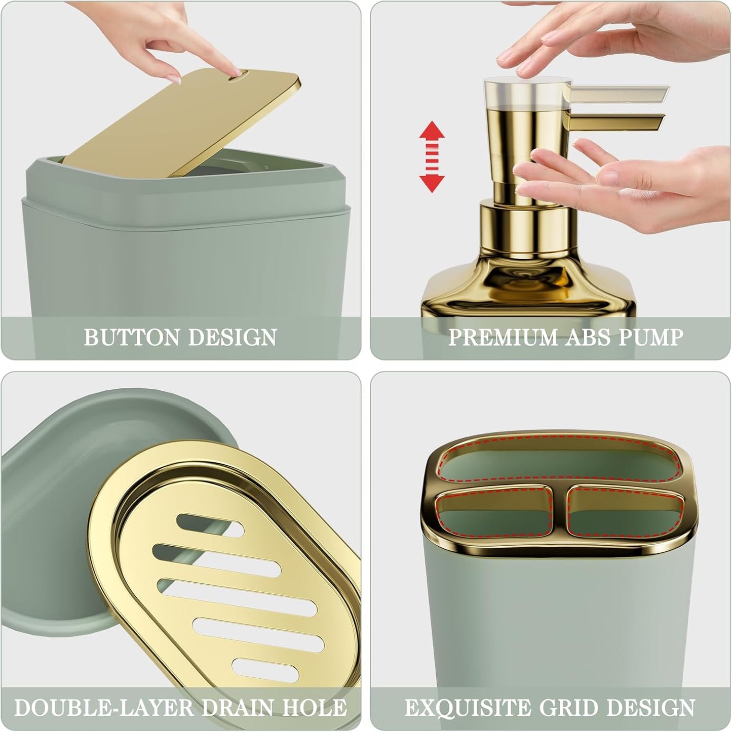Bathroom Accessories Set - 25PC Bathroom Set with Shower Curtain and Rugs, Sage Green Bathroom Set, Bathroom Accessory Set with Press-on Lid Trash Can, Soap Dispenser and Qtip Holders
