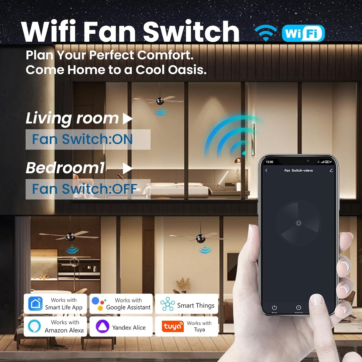 Smart Fan Switch Neutral Wire Required, 2.4GHz WiFi Dimmer Light Switch with Remote Voice Control, Tempered Glass Panel, Compatible with Alexa and Google Home, Black WiFi Fan