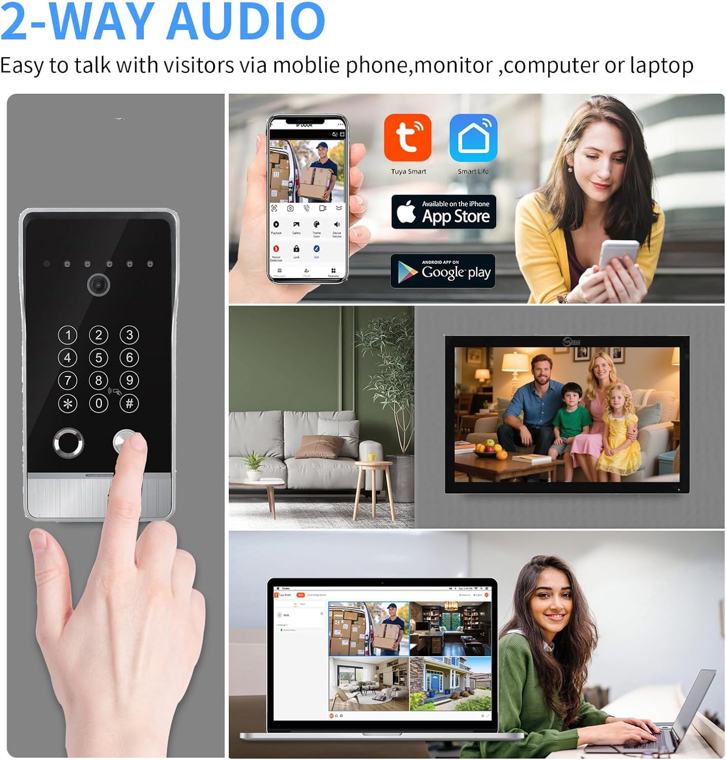 Wired Video Door Phone Apartment Intercom System,10 Inch Touch Monitor with 1080P doorbell,Support Fingerprints, RFID Cards,Passwords,Unlock Motion Detection for Home (2 Doorbell + 1 Monitor)