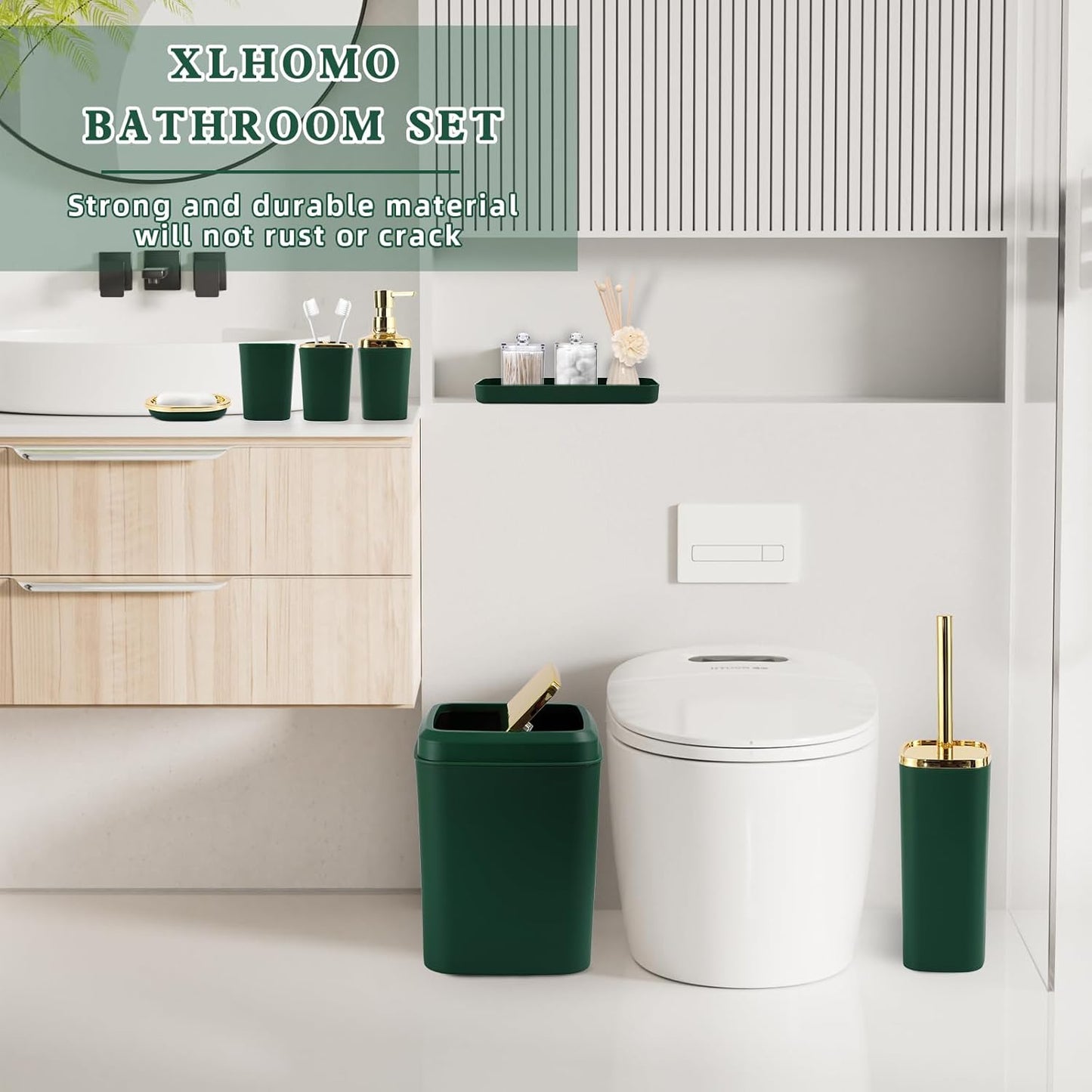 Green and Gold Bathroom Accessories Set, Bathroom Sets with Shower Curtain, Green Bathroom Accessories with Trash Can, Soap Dispenser, Soap Dish, Toilet Brush Holder, Qtip Holders