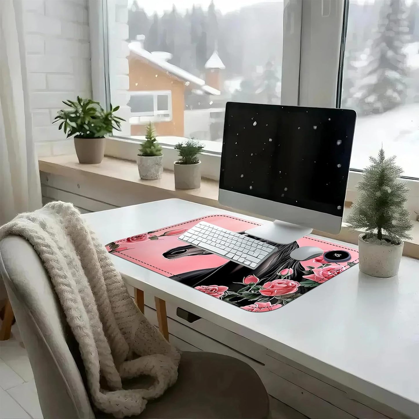 Heated Mouse Pad with 3 Temperature Settings(104°F–122°F),Large 24x14.2 Inch PU Leather Heated Desk Mat,Waterproof Warming Pad for Office,Gaming & Cold Hands Relief,Pink Rose Black Horse