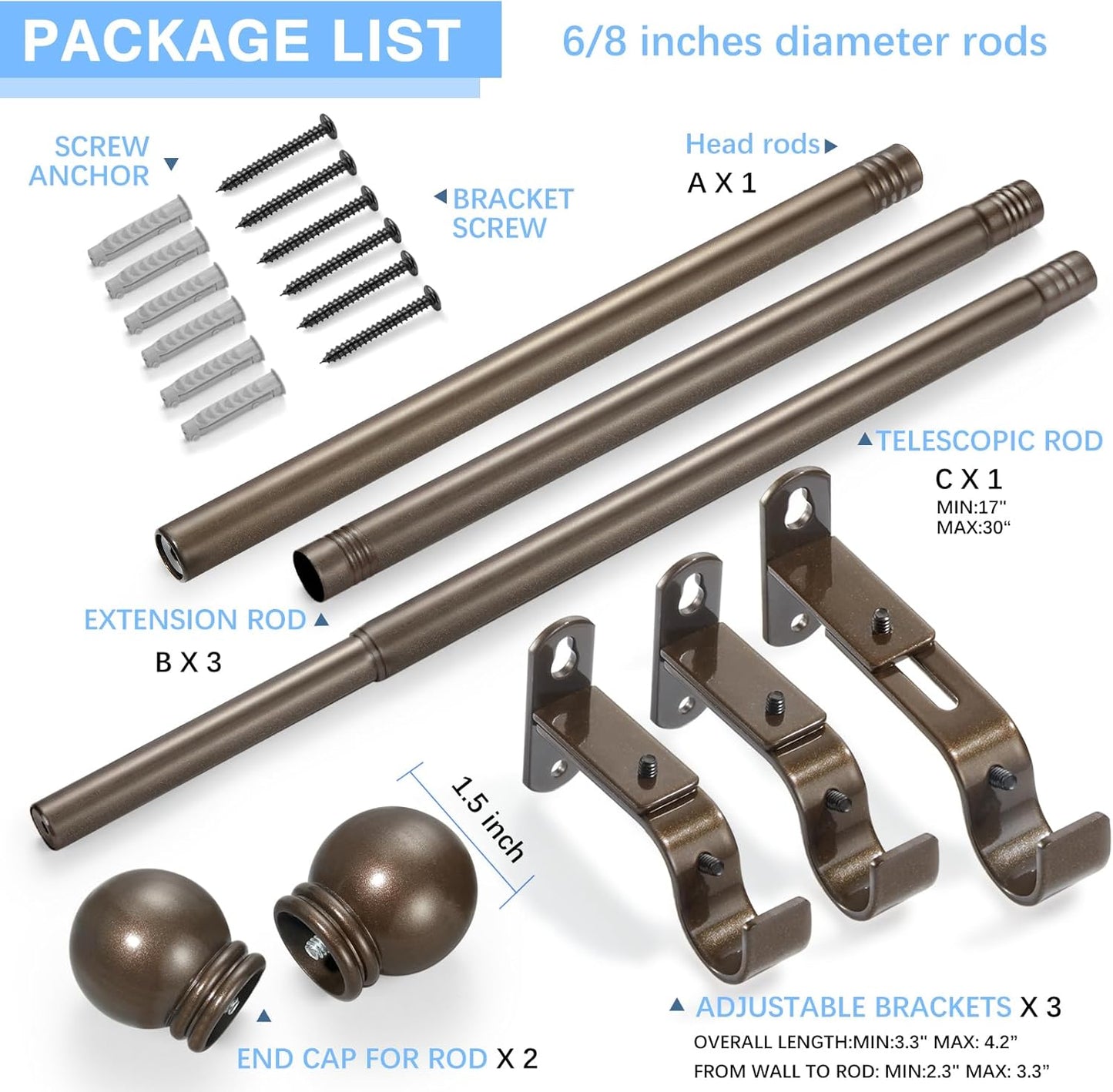 Curtain Rods for Windows 16 to 76 Inches, Curtain Rod Max Adjustable Length of 88 IN, 6/8" Diameter Drapery Rods Round Finials, Brown, Pack of 1