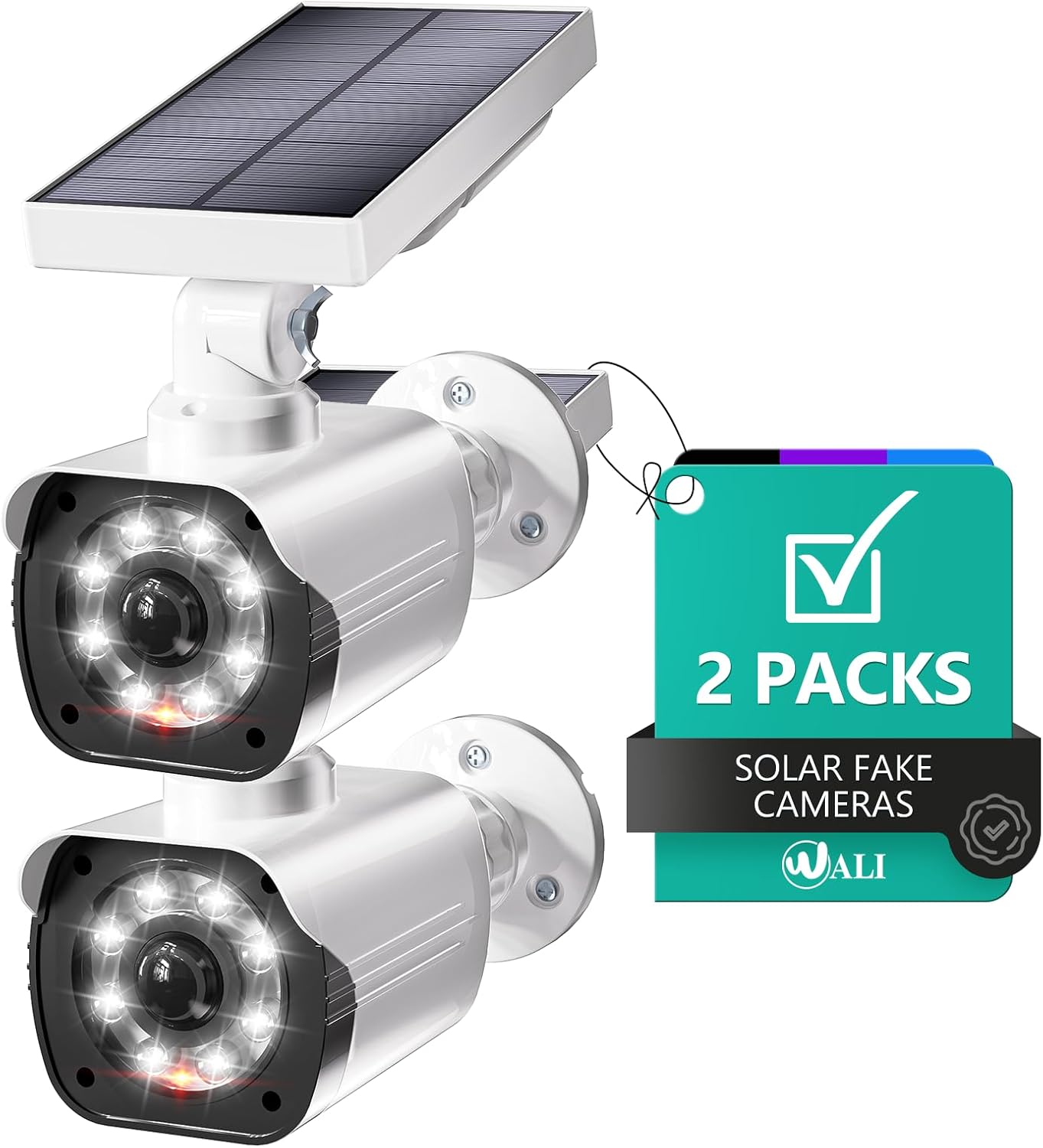 WALI Dummy Fake Camera, Security Camera with Motion Sensor Flood Light, Simulated Surveillance Security CCTV Dome Camera Indoor Outdoor (TCW2-SOL), 2 Packs, White-Solar