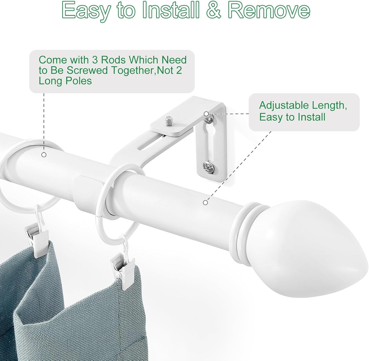 Curtain Rods for Windows 16 to 48 inches, Curtain Rod Max Adjustable Length to 60 in, Drapery Rod 1 inch Diameter with Modern Knobs Finials (White, 16" to 48" - Set of 2)