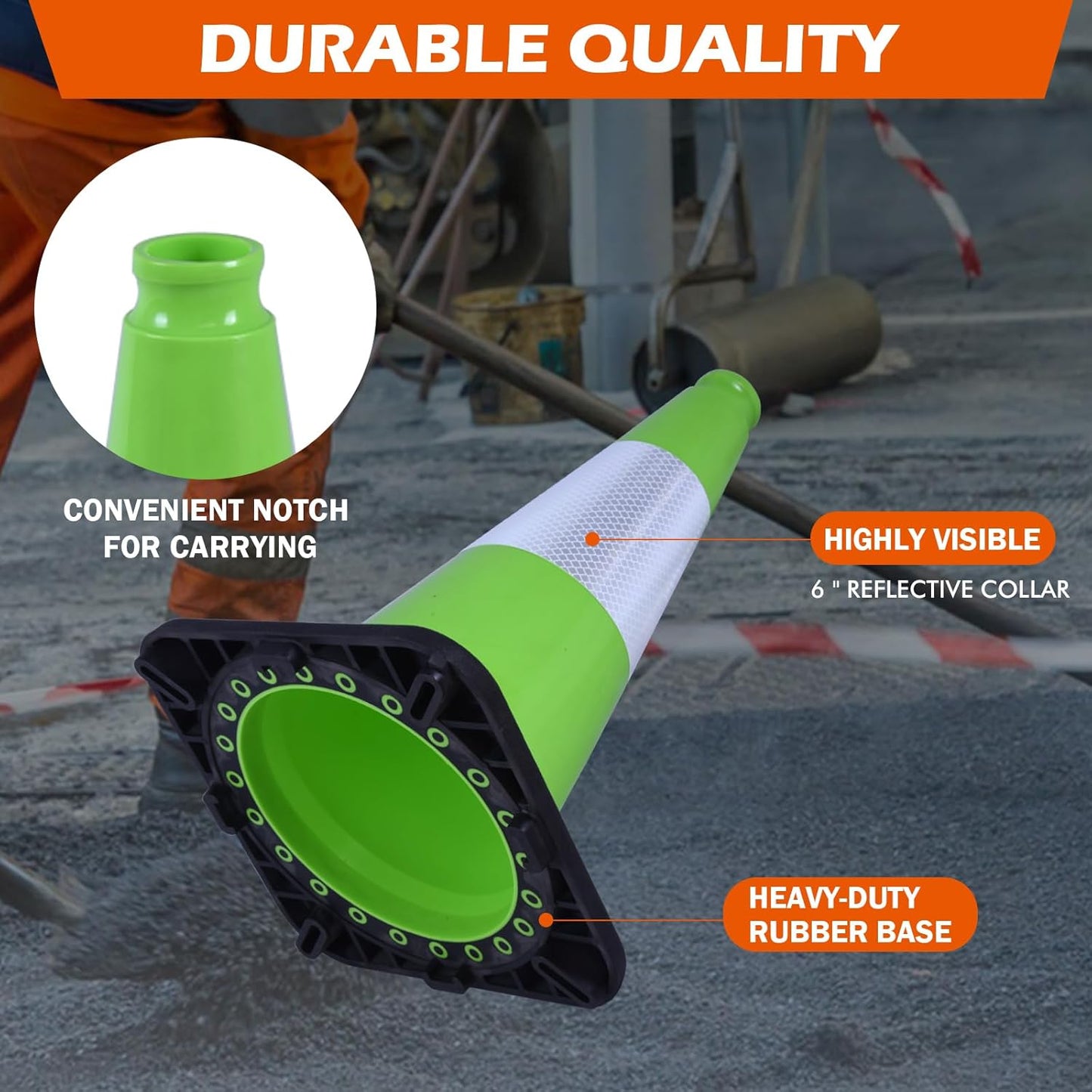 4 Pack 18 Inch Green PVC Traffic Cones Black Base Stable Durable, Parking Lot Driveway School Training Safety Cones Multi-Purpose (4, Green, 18 Inch)