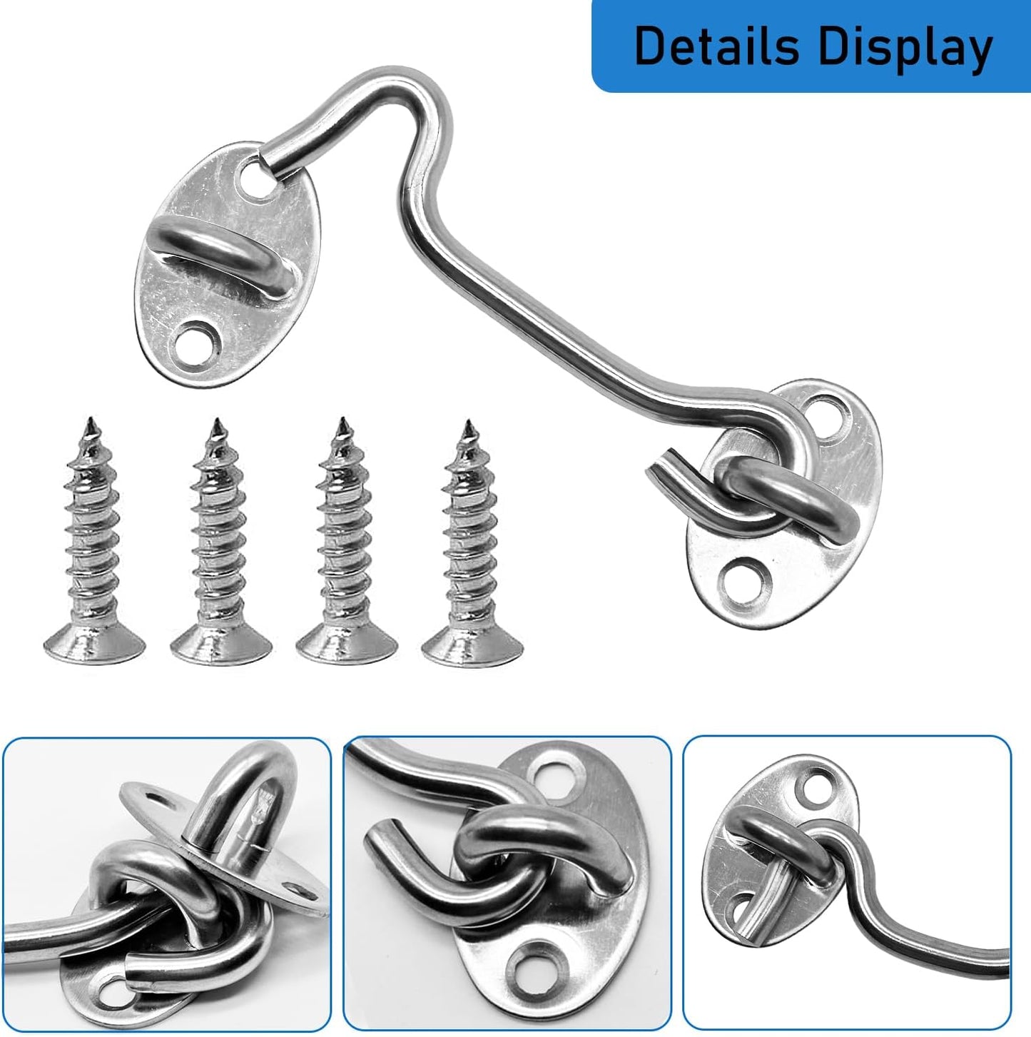 4 Pack 4" Hook and Eye Gate Latch, Stainless Steel Rust-Resistant Barn Door Lock Cabin Hooks for Gate Shutters Window Slide Barn Shed Cabinet Bathroom, with 16pcs Screw,Silver