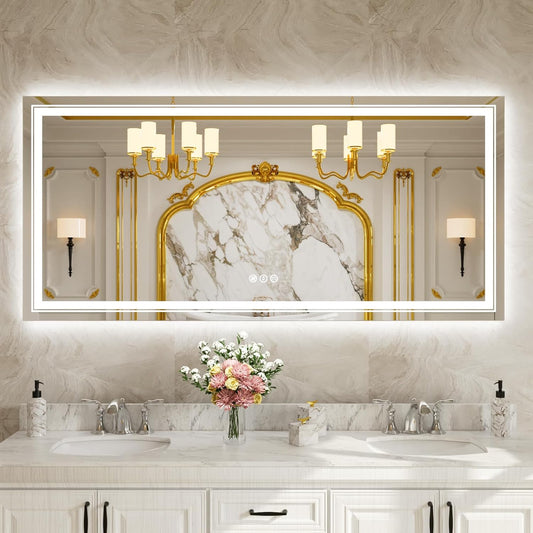 WTTY LED Bathroom Mirror 84''x40'' with Front and Backlight, Large Dimmable LED Vanity Wall Mirrors, Double LED Mirror for Bathroom with Anti-Fog, 3 Colors, Memory Function, Shatter-Proof, ETL Listed
