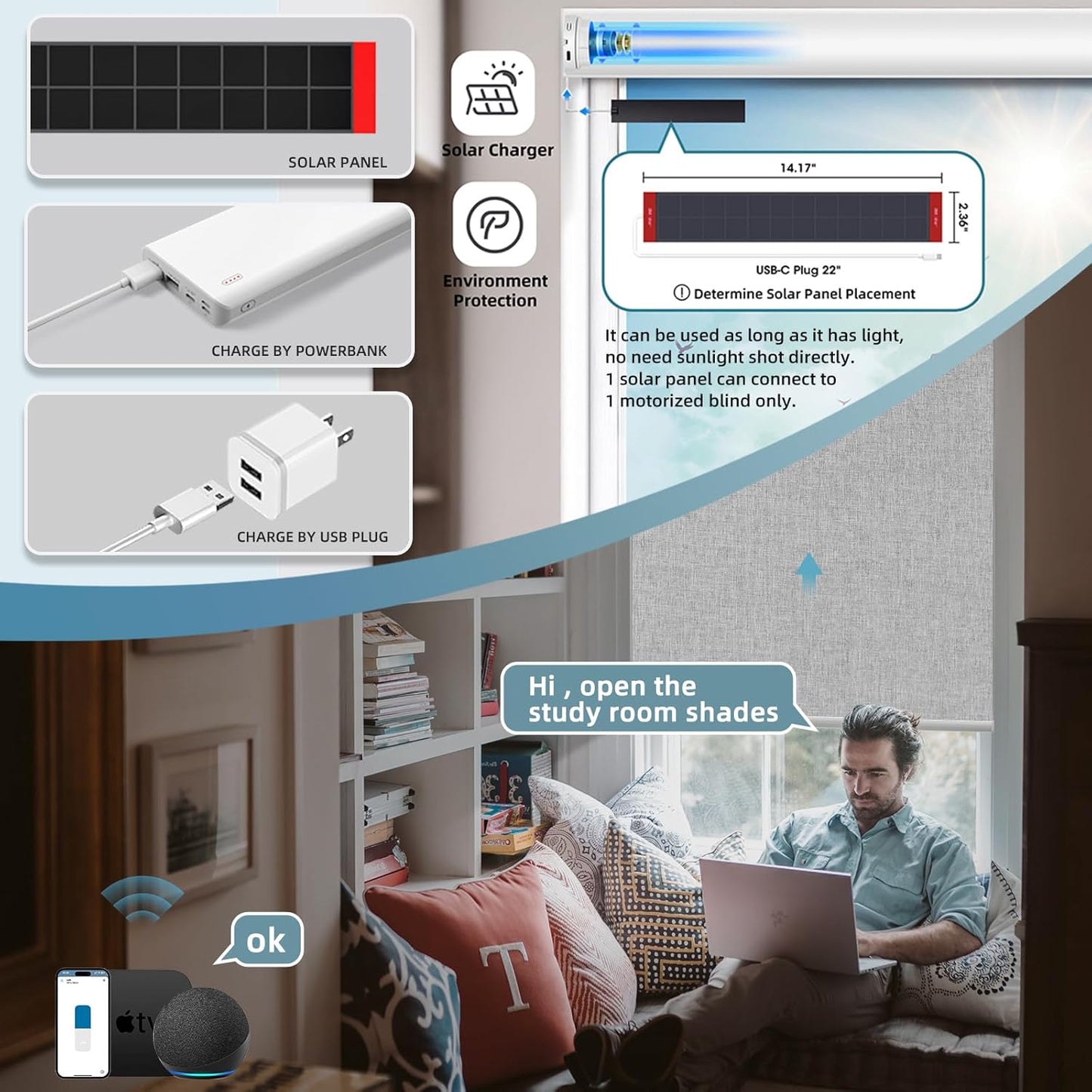 SmartWings Motorized Blinds Shades for Window Remote Control Work with Apple Homekit Thread Z-Wave Alexa Blackout Dual-Sided Automatic Smart Roller Shade Customized 16"-110" W (Bouvardia Light Grey)
