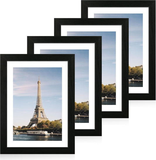 iRahmen 10x14 Picture Frame Set of 4 with Tempered Glass, Black Frame Display 8x12 Picture with Mat or 10 x 14 Without Mat, Rustic Wood Photo Frames for Horizontal or Vertical Wall Mounting
