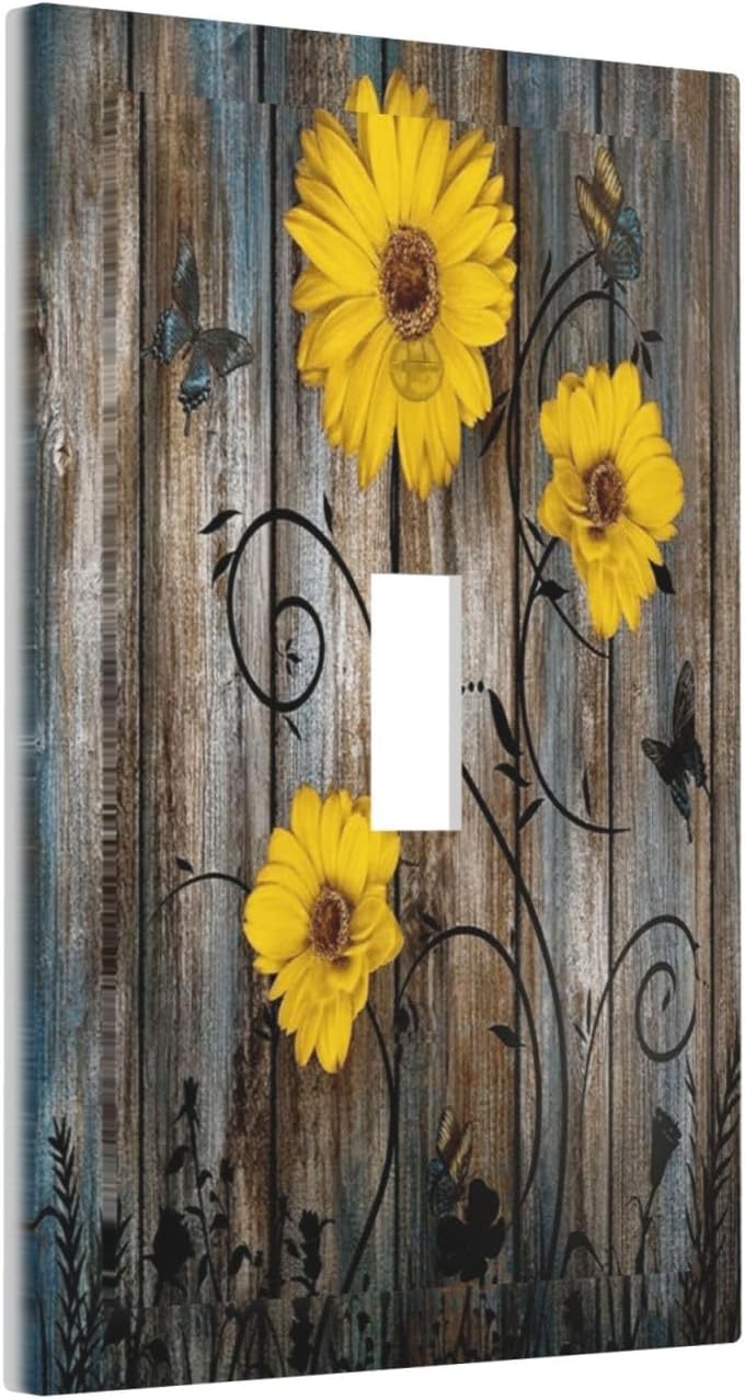 Rustic Barn Sunflower Wooden Daisy Flower Plank Decorative Light Switch Cover 1 Gang Single Toggle Device Electrical Faceplate Switchplates Decorator Outlet Wall Plate for Farmhouse Home Decor
