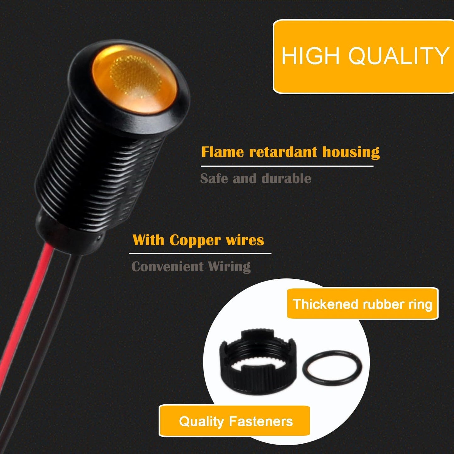 5pcs 12mm LED Indicator Light Plastic Black Signal Dot Lamp 110-220VAC 1/2 inches Mounting Hole Size with 15cm/5.9in. Wire (Yellow LED)