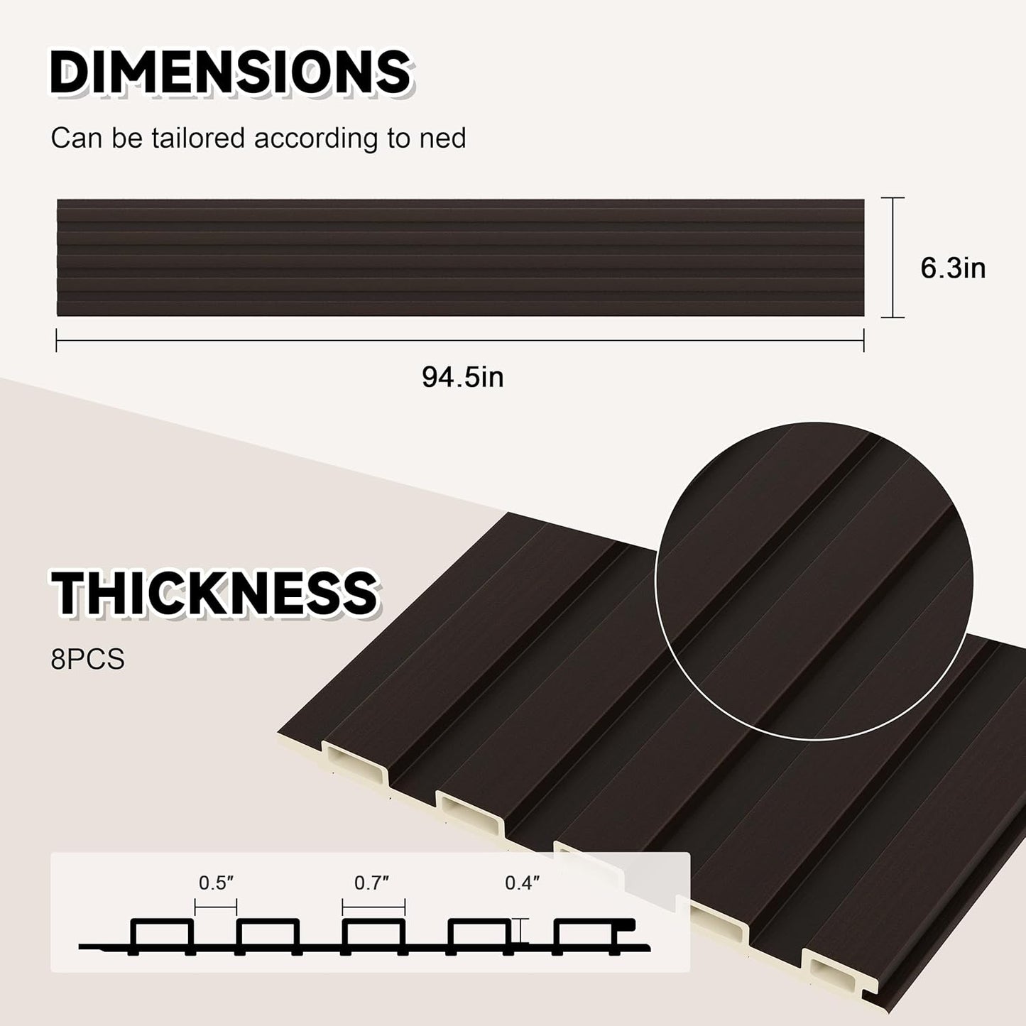 Slat Wall Paneling,8-Pack 3D WPC Wood Wall Panels,Acoustic Wall Panels for Interior Wall Decor,Living Room,Bedroom,Black Brown,95 x 6 in