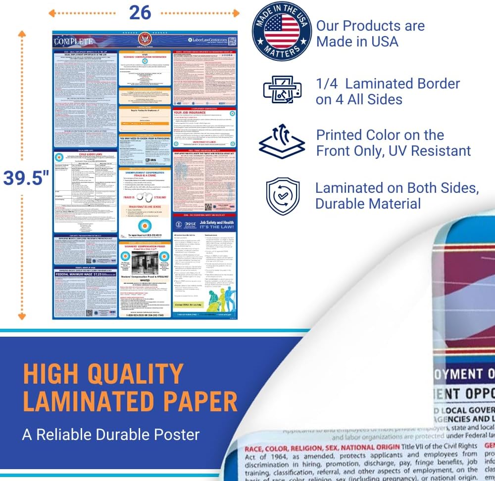 2025 New Mexico Labor Law Poster - State, Federal, OSHA Compliant - Workplace Required Posting for Employees - English Employment Poster- UV Laminated Waterproof - 26" x 39.5”- English