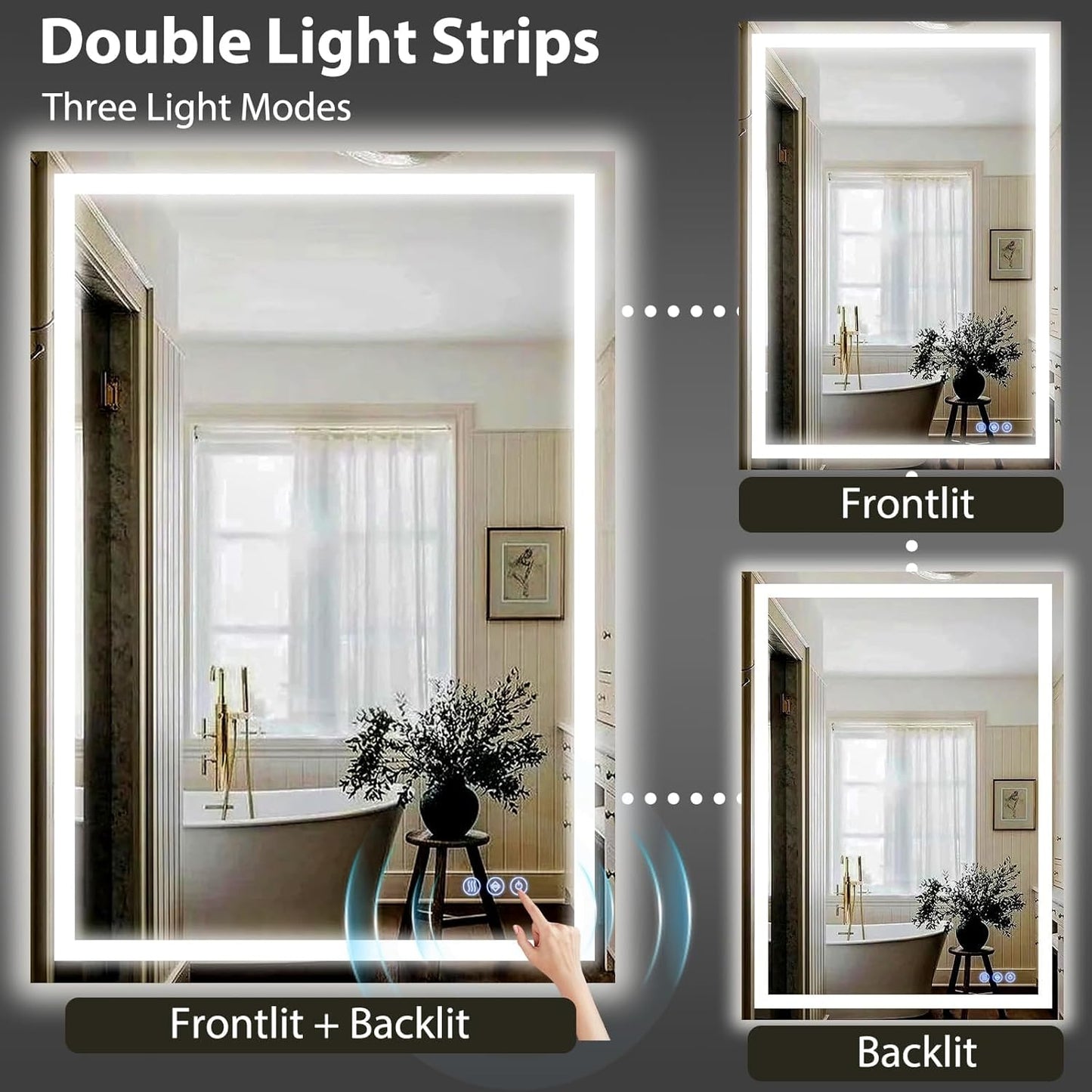 GLSLAND 26"x38" LED Bathroom Mirror with Lights, Dimmable Front and Backlit Vanity Mirrors, Wall Mounted Anti-Fog Lighted Mirror, Horizontal/Vertical Hanging