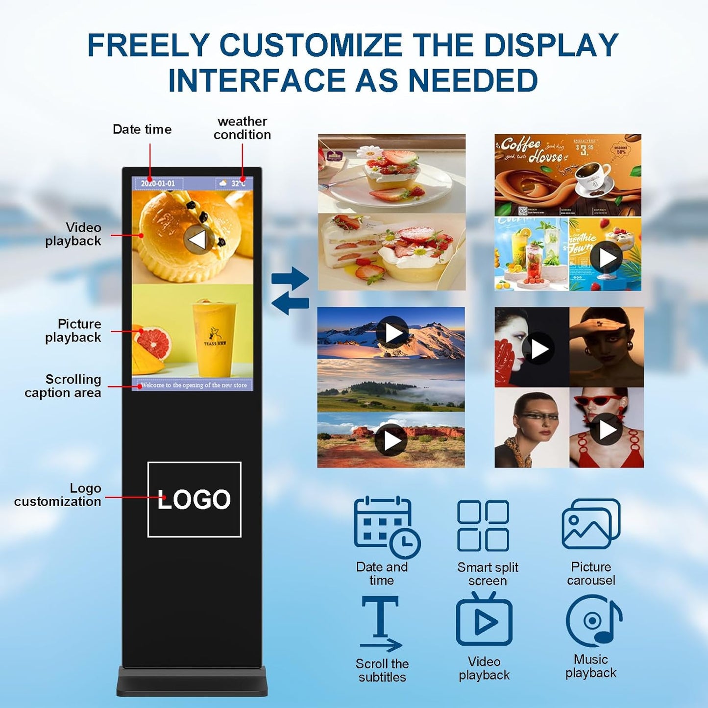 55 Inch Digital Signage Display, 4k Floor Standing LCD Touch Interactive Display Screen,with WiFi USB/App Software Input Digital Totem Auto Ad Player Android 14