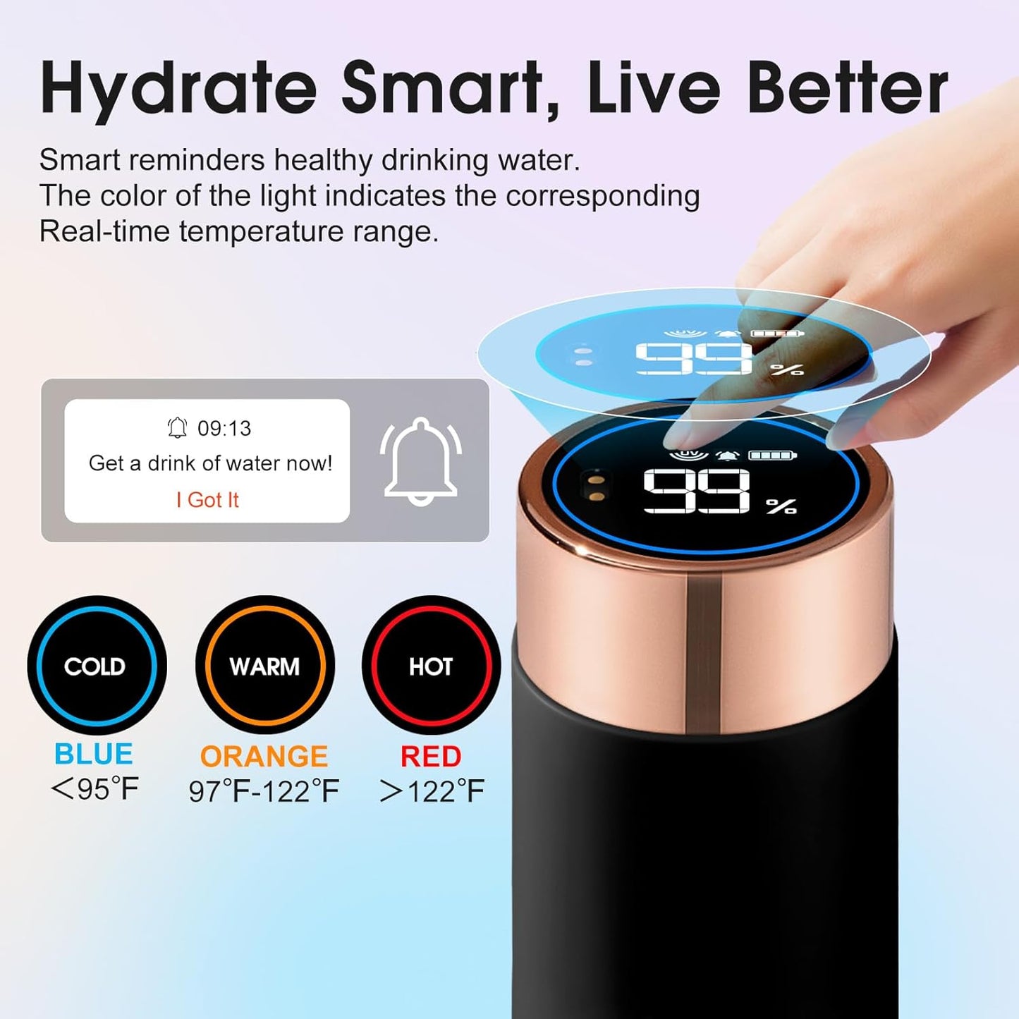 Vsitoo Smart self cleaning Insulated Water Bottle, 15oz Stainless Steel Vacuum Flask, AI Self-Clean, 30-Day Battery Life, BPA-Free, Magnetic Charging, Portable Travel Mug Gifts for Men Women, Black