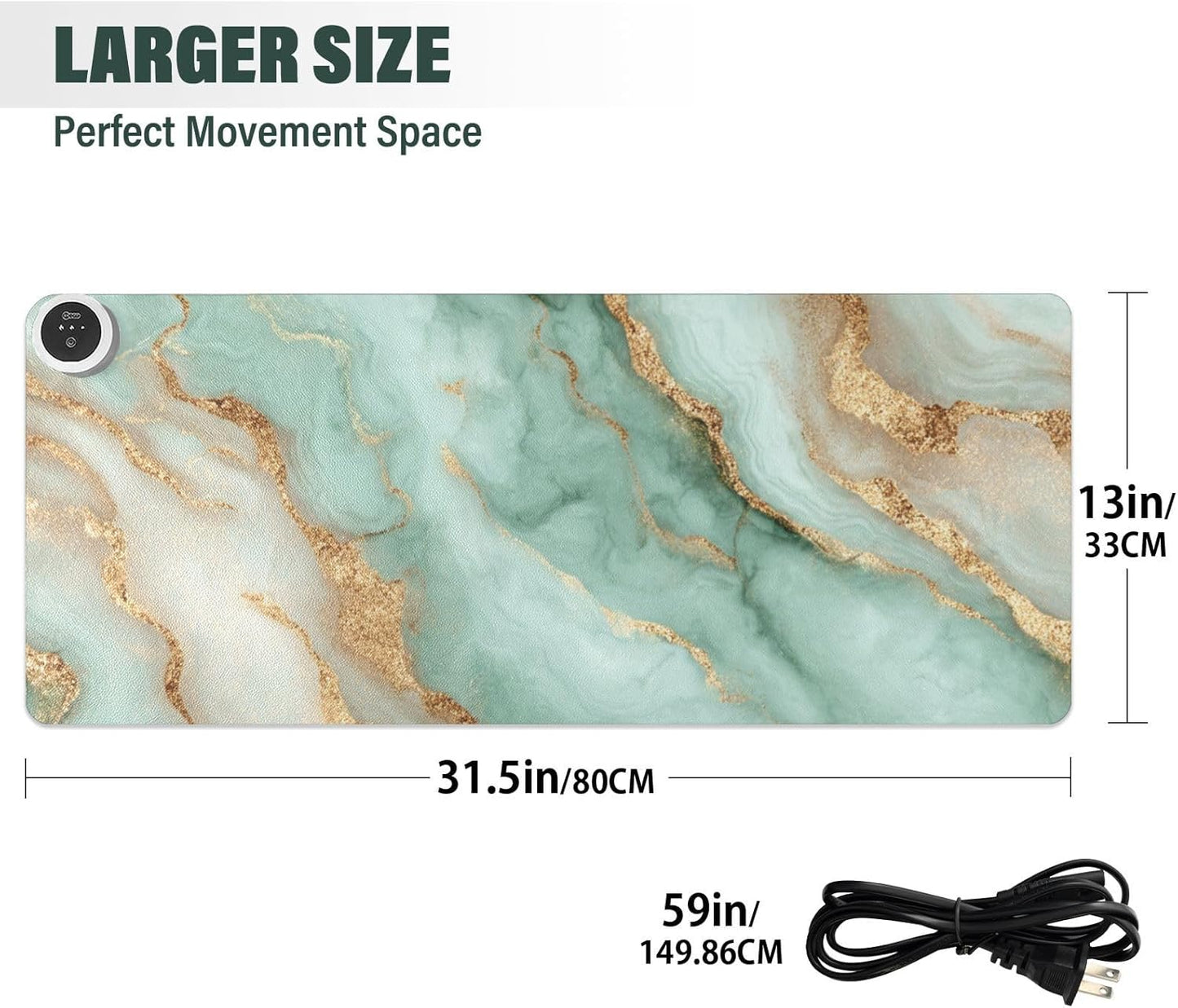 Heated Desk Pad Mouse Pad 31.5x13 Inch PU Leather Desk Mat with 3 Heat Levels Large Mouse Gaming Computer Laptop Mat Mint Green and Gold Marbletexture
