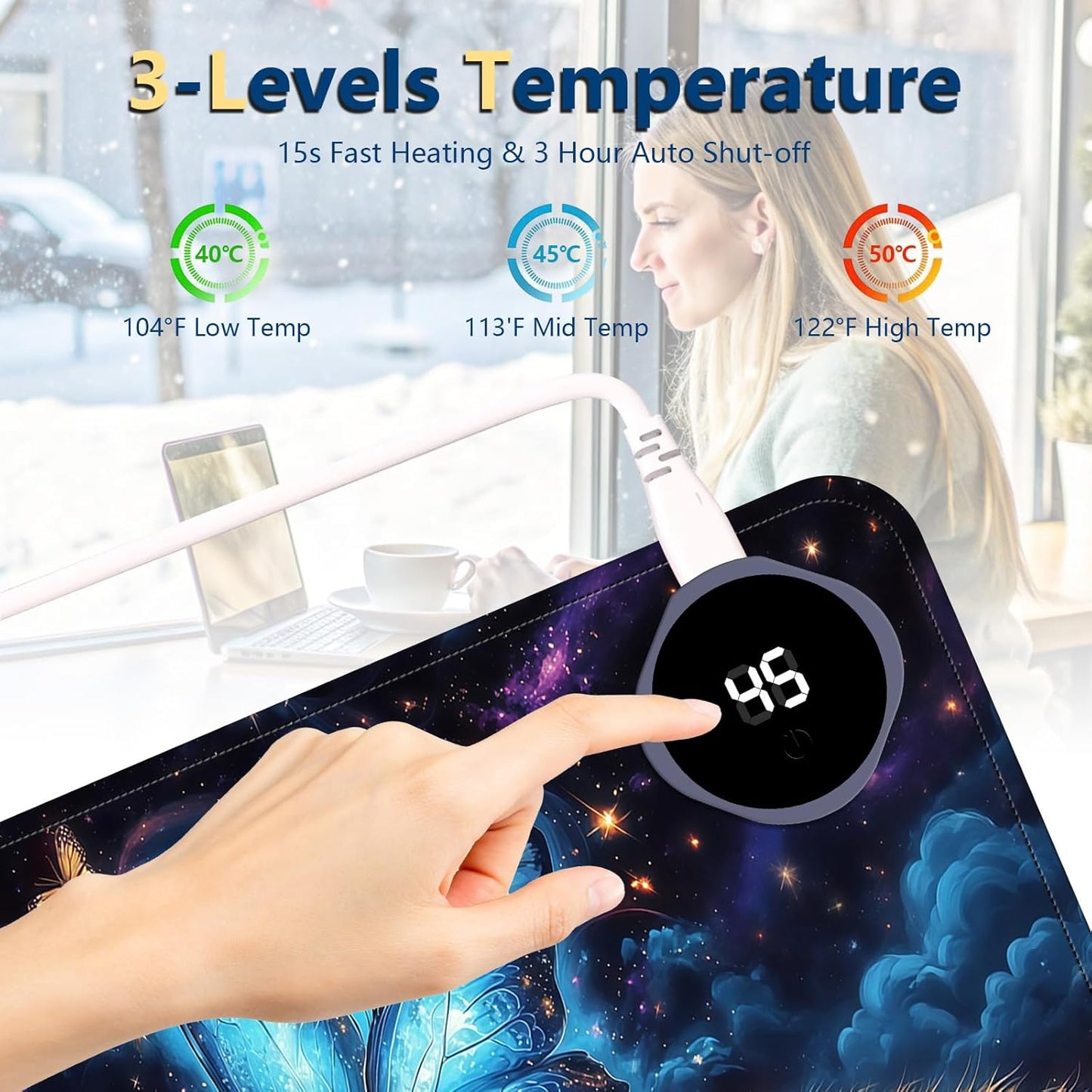 Heated Mouse Pad with 3 Temperature Settings(104°F–122°F),Large 24x14.2 Inch PU Leather Heated Desk Mat,Waterproof Warming Pad for Office,Gaming & Cold Hands Relief,Cat Bule Butterfly
