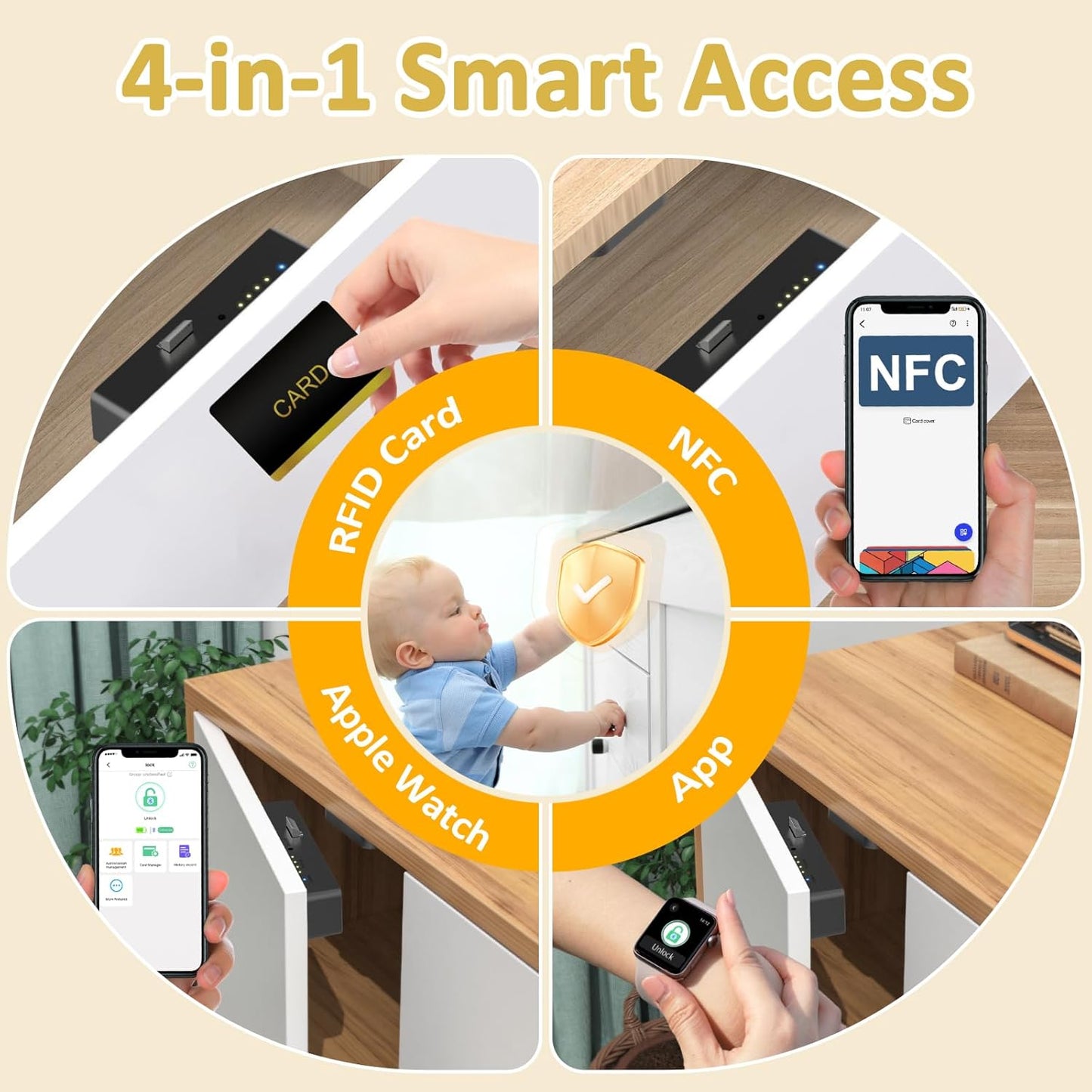 Bestkid Cabinet Lock NFC RFID Card Slim Hidden Drawer Lock for Child Safety Liquor File Kitchen Pantry Furniture Double-Layer Drawer No Drilling Required Black
