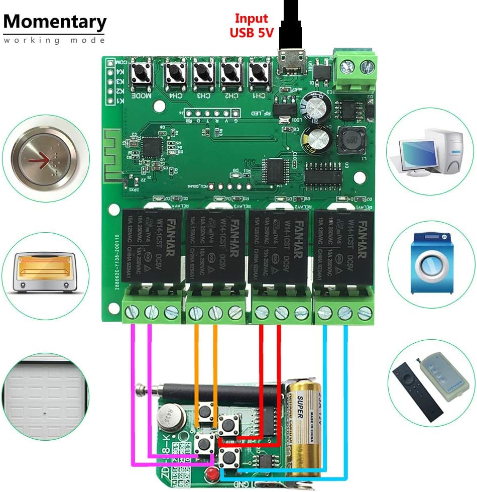 4-Channel WiFi Smart Switch Relay Module, TUYA/Smart Life App for Smart Home Remote Control, Momentary Time Adjustable, Compatible with Alexa/Google Assistant