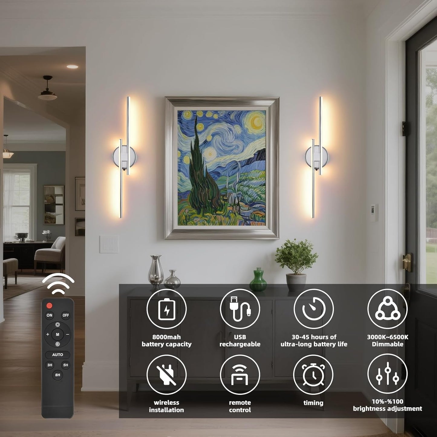 Rechargeable Battery Operated Wall Sconce Set Of Two, Chrome Wireless LED Wall Sconces With Remote Control, Dimmable 3 Colors Cordless wall lights for Living Room, bedroom, Hallway, 23.6 Inch ( 2pcs)