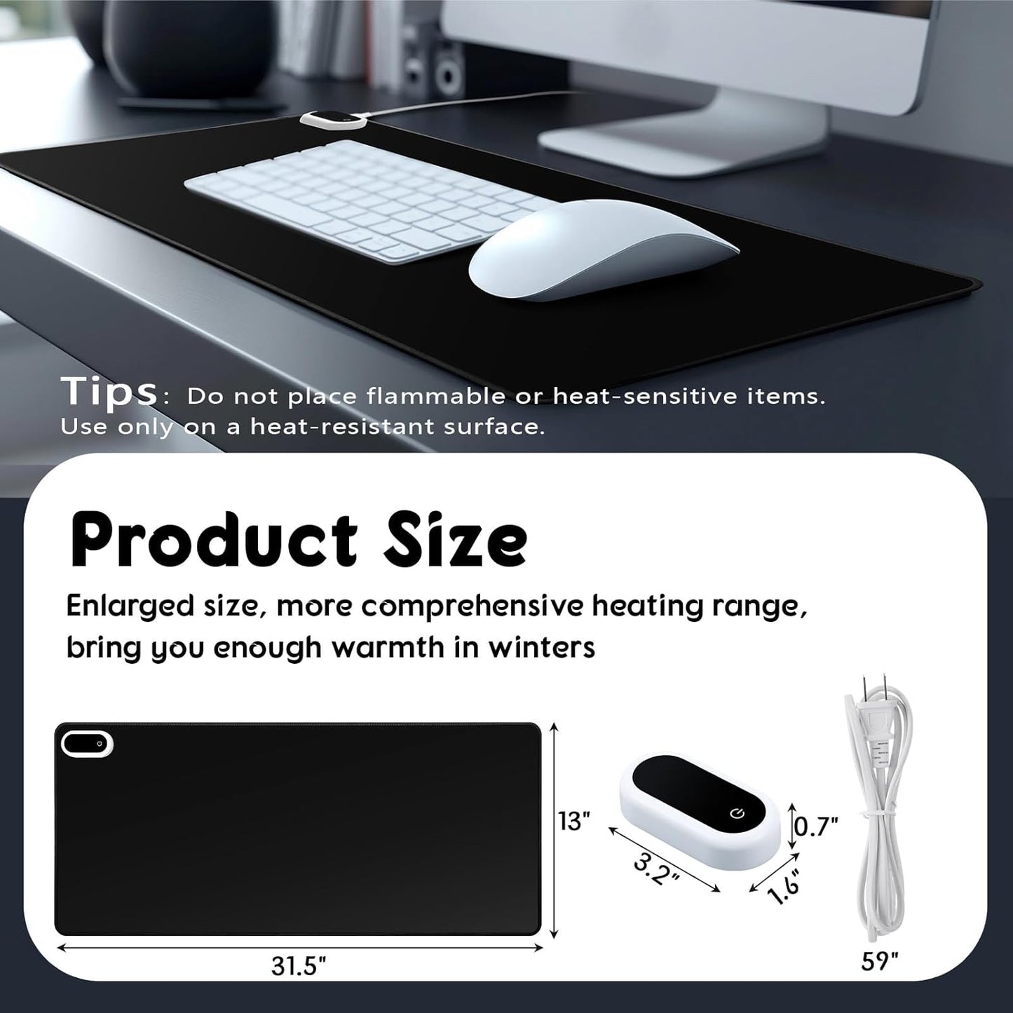 Konohan Heated Large Desk Mat PU Leather Warm Mouse Pad with 5 Heating Level & 4 Hour Auto Shut-Off Heating Keyboard Pad Warmer Gaming Mice Mat Only Supports 110v(Black Color,31.5" X 13")