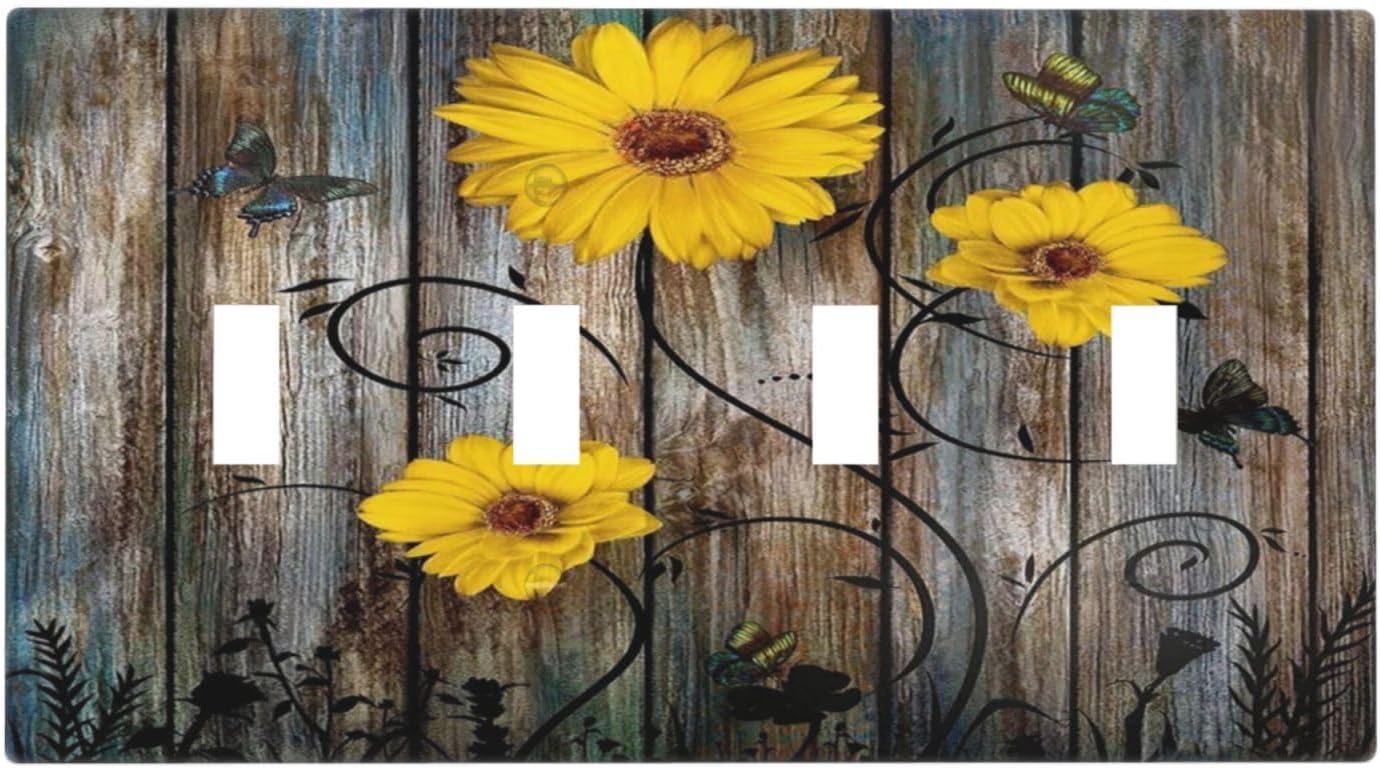 Rustic Barn Sunflower Wooden Daisy Flower Plank Light Switch Covers Quad Toggle Electrical Faceplate 4 Gang Wall Plate Decorative Switch Plates for Farmhouse Home Decor