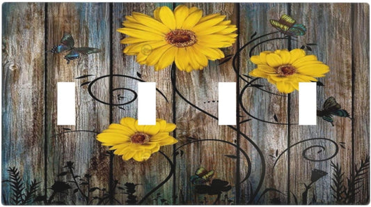 Rustic Barn Sunflower Wooden Daisy Flower Plank Light Switch Covers Quad Toggle Electrical Faceplate 4 Gang Wall Plate Decorative Switch Plates for Farmhouse Home Decor