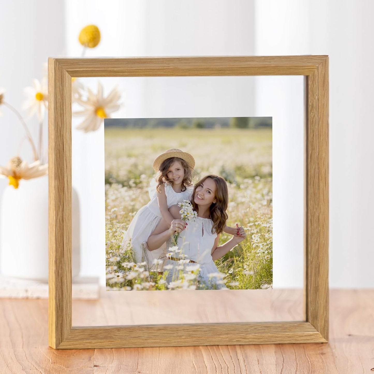 Axeman 8x8 Floating Picture Frame - Solid Oak Wood Square Picture Frame, Double Tempered Glass Photo Frame 3x3 4x4 5x5 6x6 8''x8'' Wood Frame, Wall Mount Or Tabletop Standing, Natural
