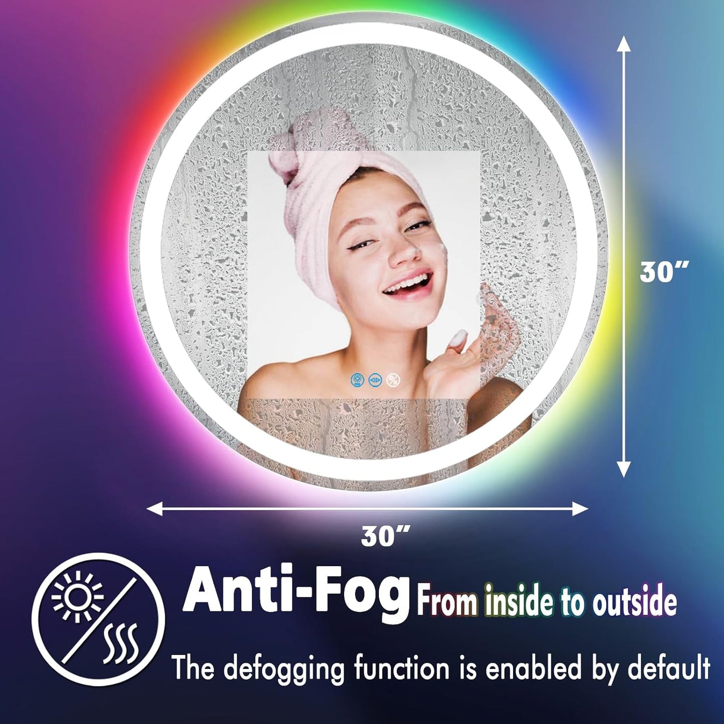 30 Inch LED Bathroom Mirror With Front Light 3 Colors + Rainbow RGB Color Changing Backlit Round Lighted Mirror for Wall Anti Fog 30" Smart Circle Mood Light up Mirror