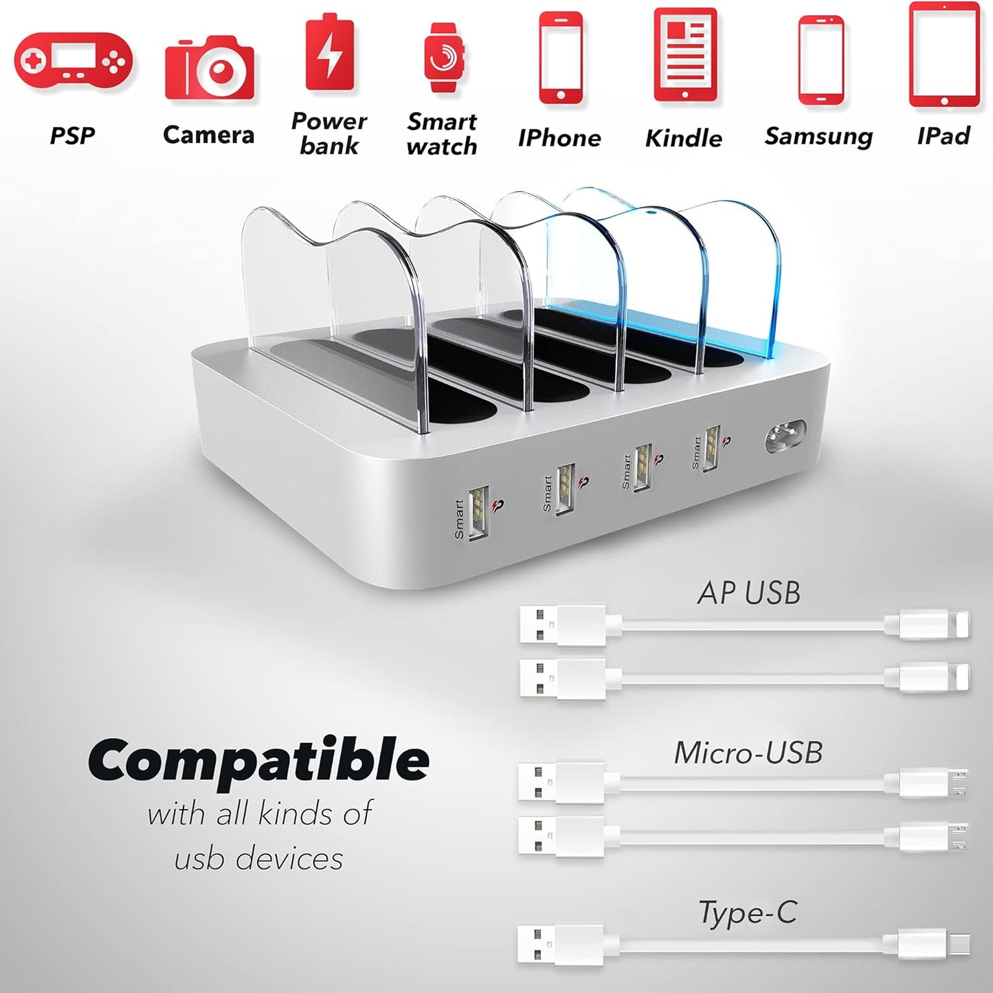 4 Port Charger Station - Fast Charging Dock for Multiple Devices Apple - Multi Device USB Charging Station - Compatible with Apple iPad, iPhone, Android, and Tablet - Charging Rack