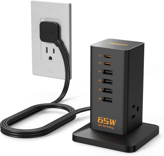 USB Charging Station for Multiple Devices PD 65W, TESSAN 9-in-1 USB C Charger Block for iPhone 17/16/15, MacBook, Tablet, Type C Desktop Charger with 3 AC, Home Travel Office Accessories