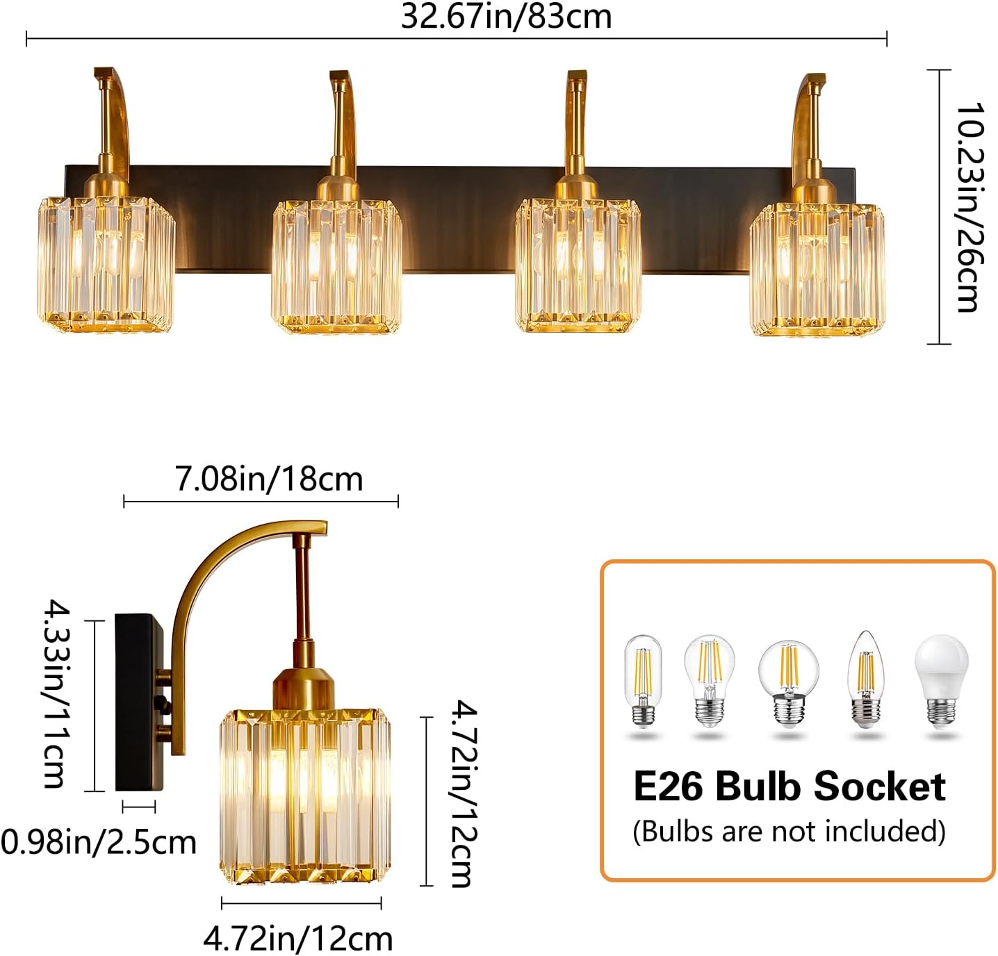 Crystal Vanity Lights 4-Light Black Gold Bathroom Vanity Lights Modern Crystal Bathroom Light Fixtures Over Mirror 32.67" Long Vanity Light for Bathroom