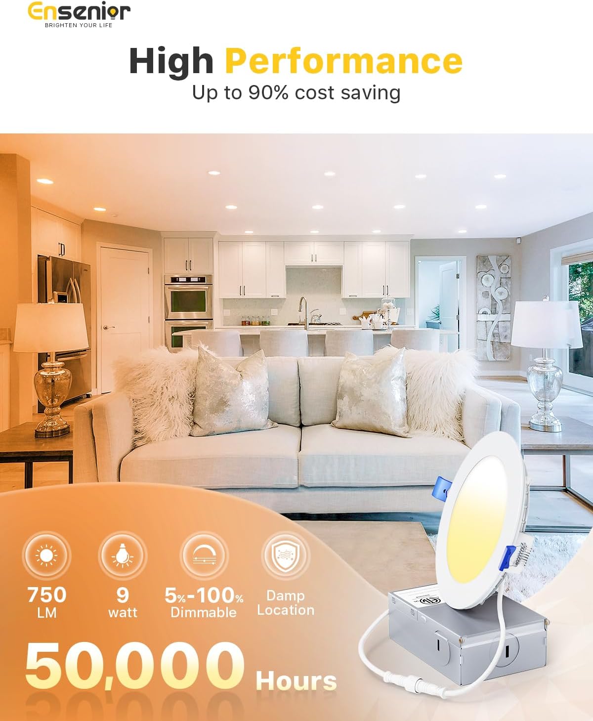 Ensenior 12 Pack 4 Inch LED Recessed Ceiling Light, Dimmable, 4000K Cool White, 750LM 9W 120V, High Brightness Canless Wafer Downlight - ETL&FCC&IC