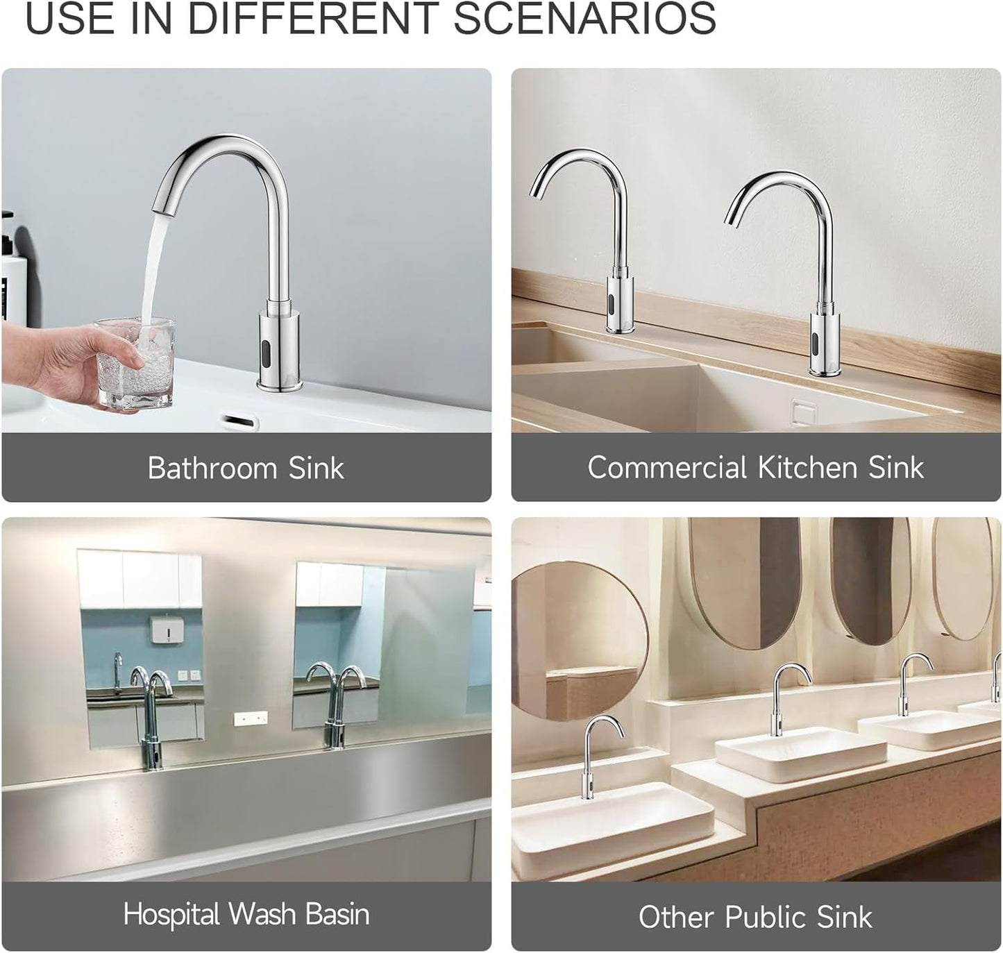 Automatic Touchless Bathroom Sink Faucet Motion Sensor Commercial Kitchen Hands Free Faucet with Hole Cover Plate,AC/DC Powered, Public Sink Faucet,Chrome (Chrome High)