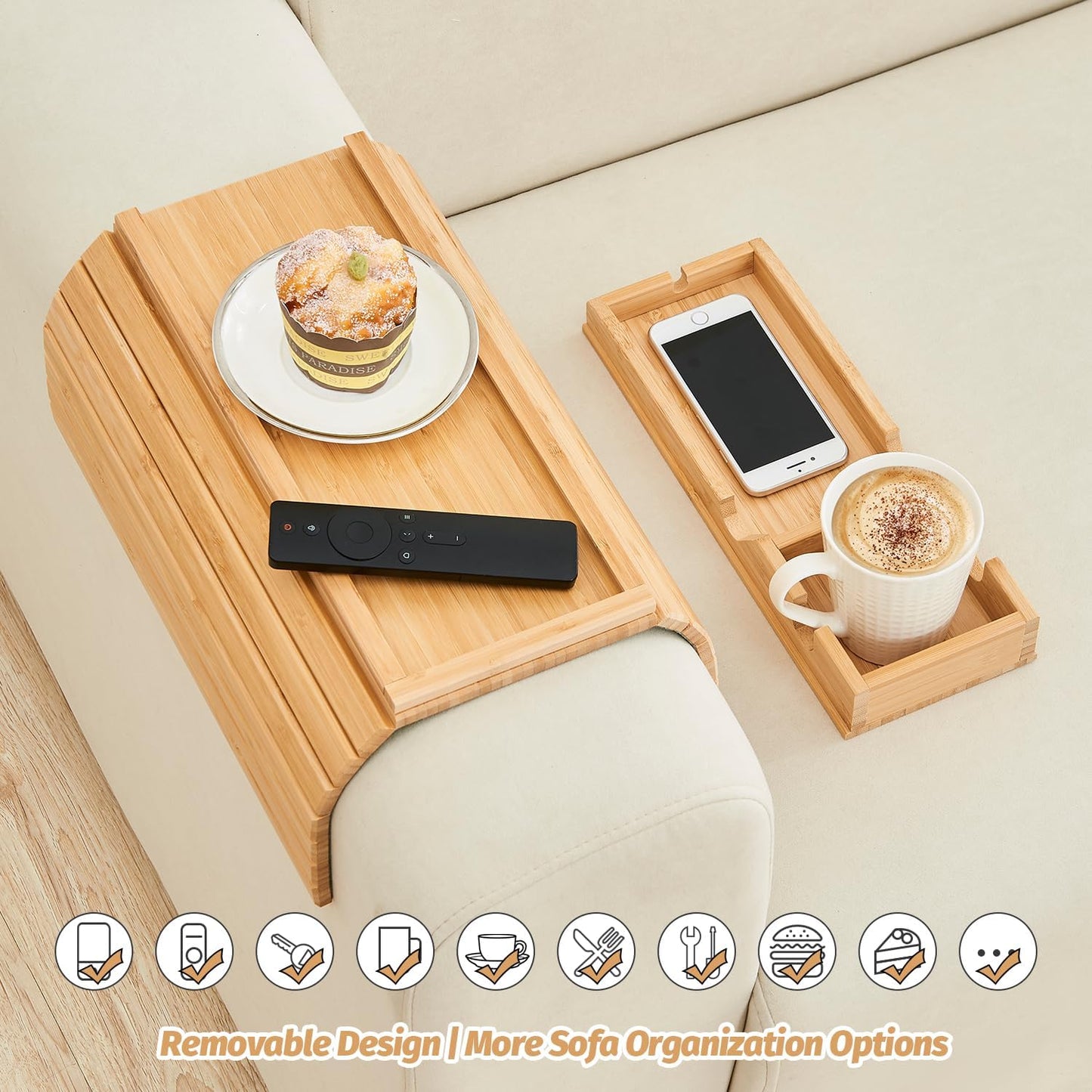GEHE Detachable Couch Cup Holder, Anti Falling Sofa Arm Tray, Natural Bamboo Sofa Cup Holder More Safe for You Family, Portable Couch Arm Tray Armrest Table for Remote, Snacks, Phone, Drinks