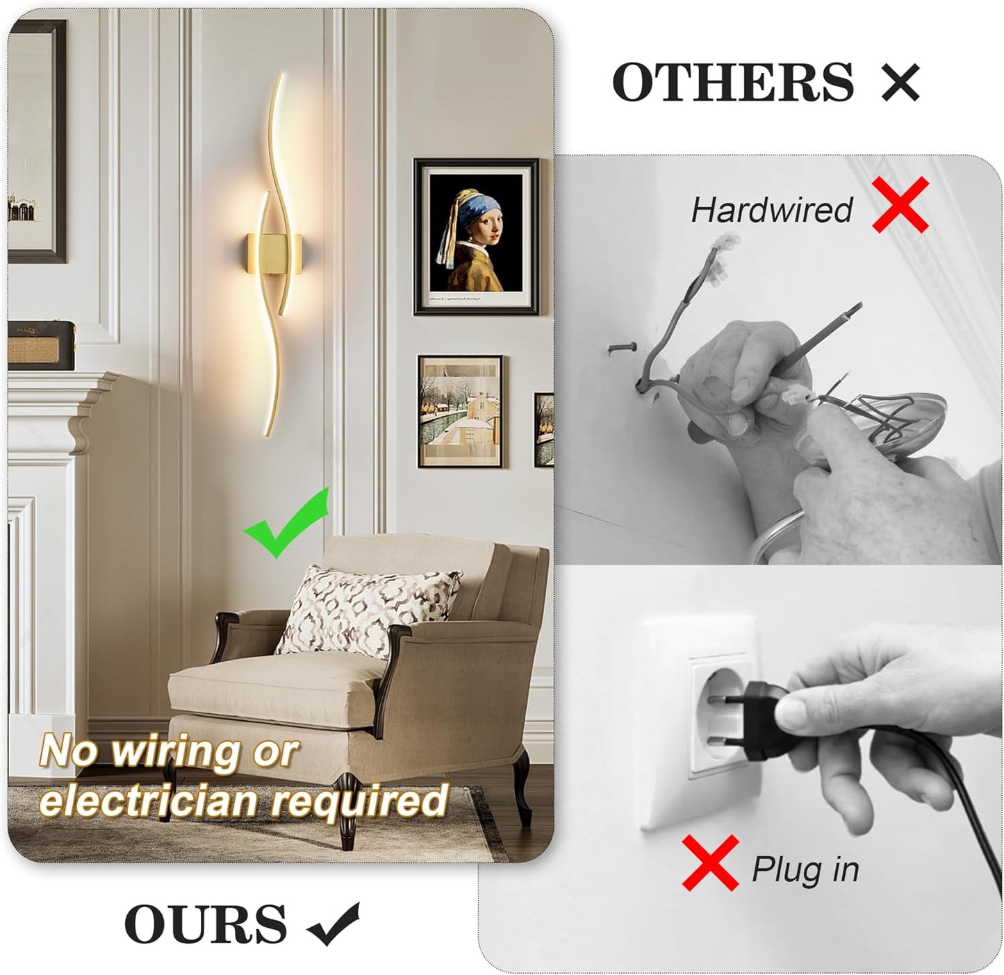 Battery Operated Wall Sconces Set of Two with Remote Control, Dimmable/3 Colors/Night-Light/Timer/Memory, Gold Modern Wireless LED Sconce for Living Room, Hallway, Bedroom, 39.3 Inch (2 Pack)