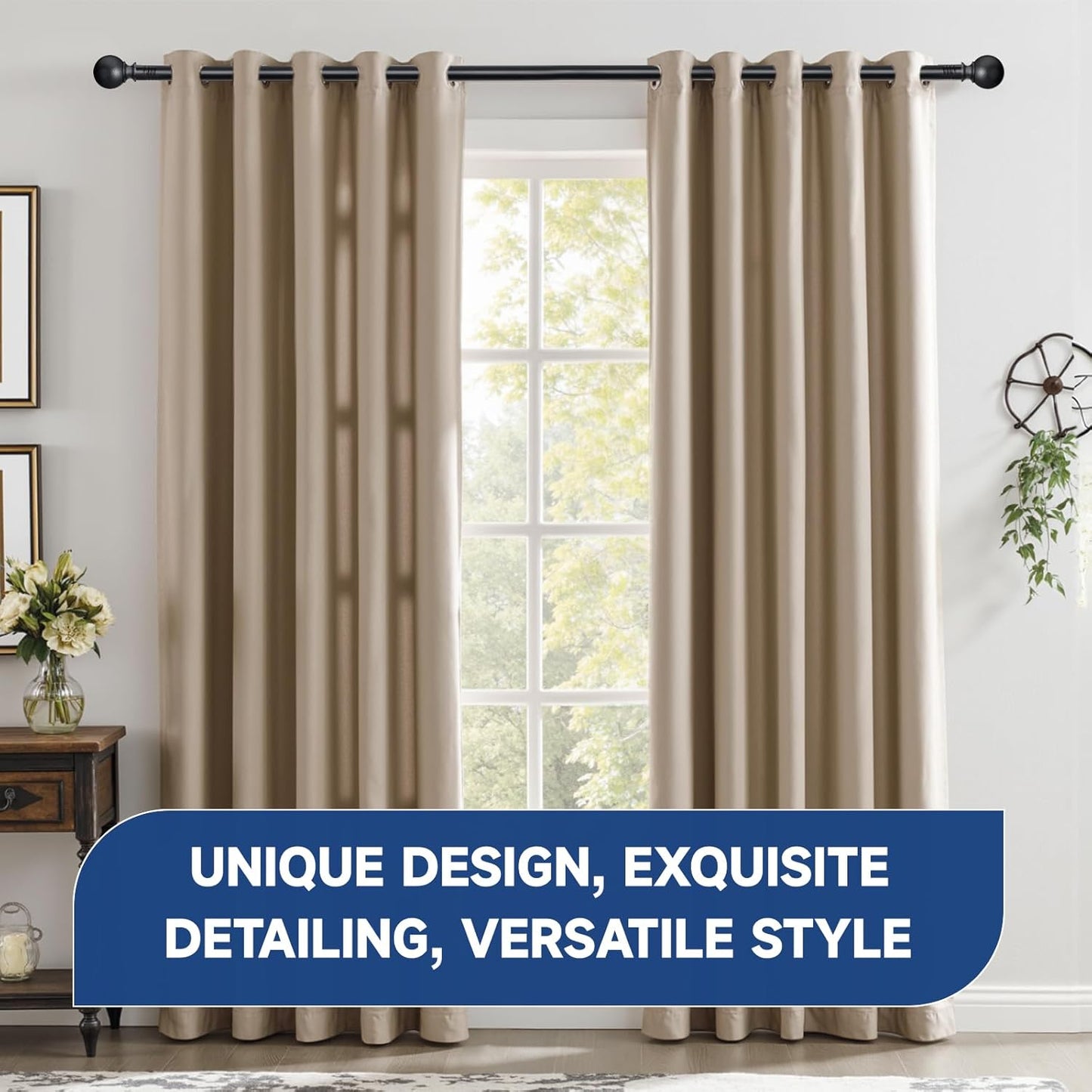 BRIOFOX Black Curtain Rods for Windows 66 to 120 Inch(5.5-10ft) - 1'' Diameter Heavy Duty Curtain Rods with Imitation Wood Grain Pattern Finials,Adjustable Decorative Curtain Rods Set,28-120''