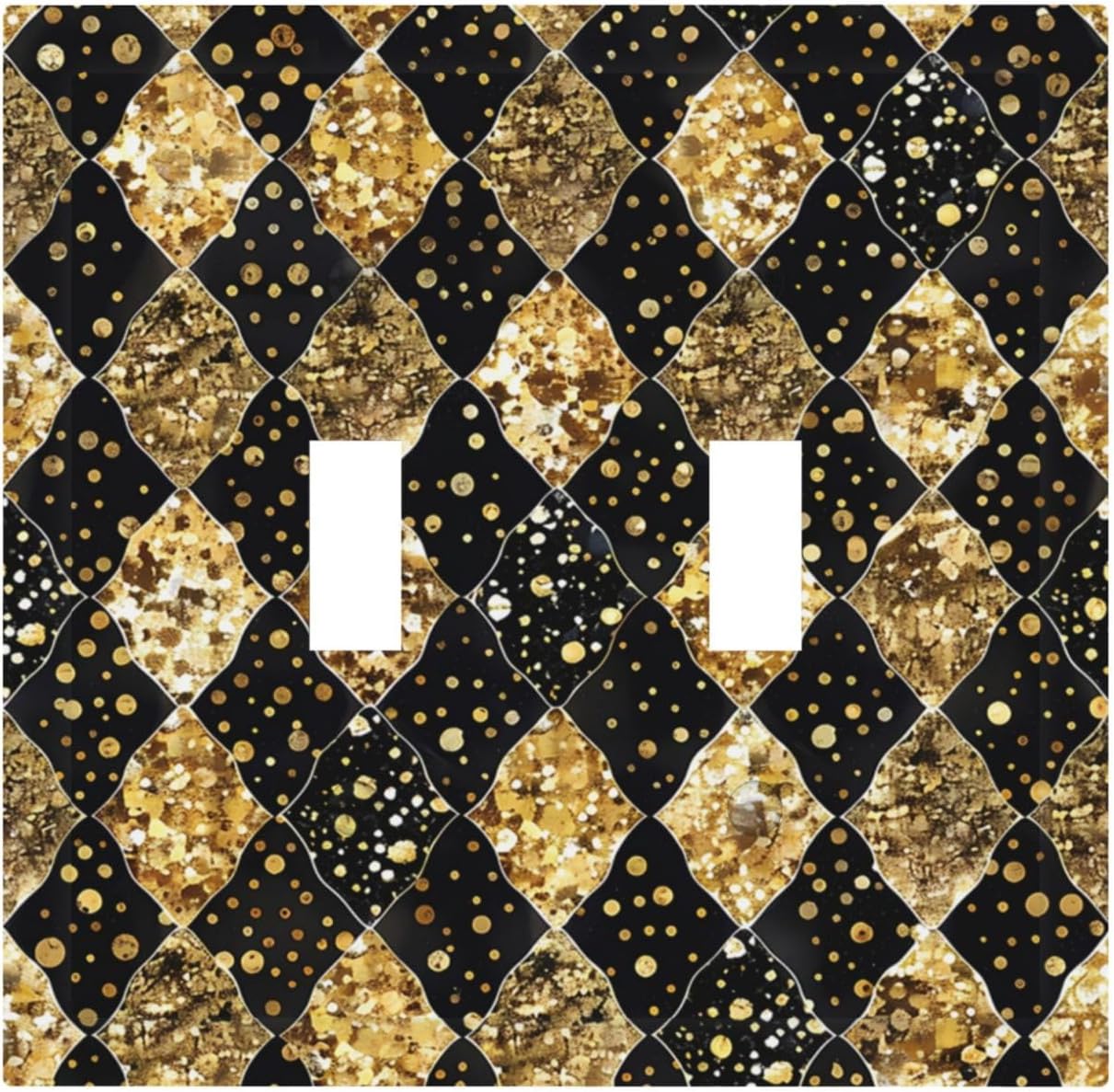 Gold Black Marble Geometric Plaid Glitter Decorative Switch Plates 2 Gang Double Toggle Outlet Light Switch Cover Wall Plate Electrical Faceplate for Bedroom Bathroom Decor