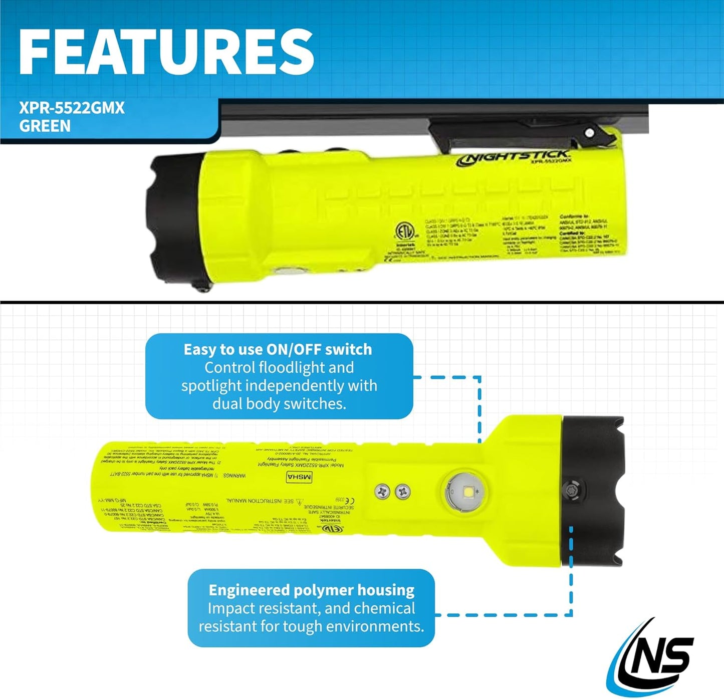 Nightstick XPR-5522GMX Intrinsically Safe Dual-Light Flashlight w/Magnets-Rechargeable-Green-UL913 / ATEX, Multicolor