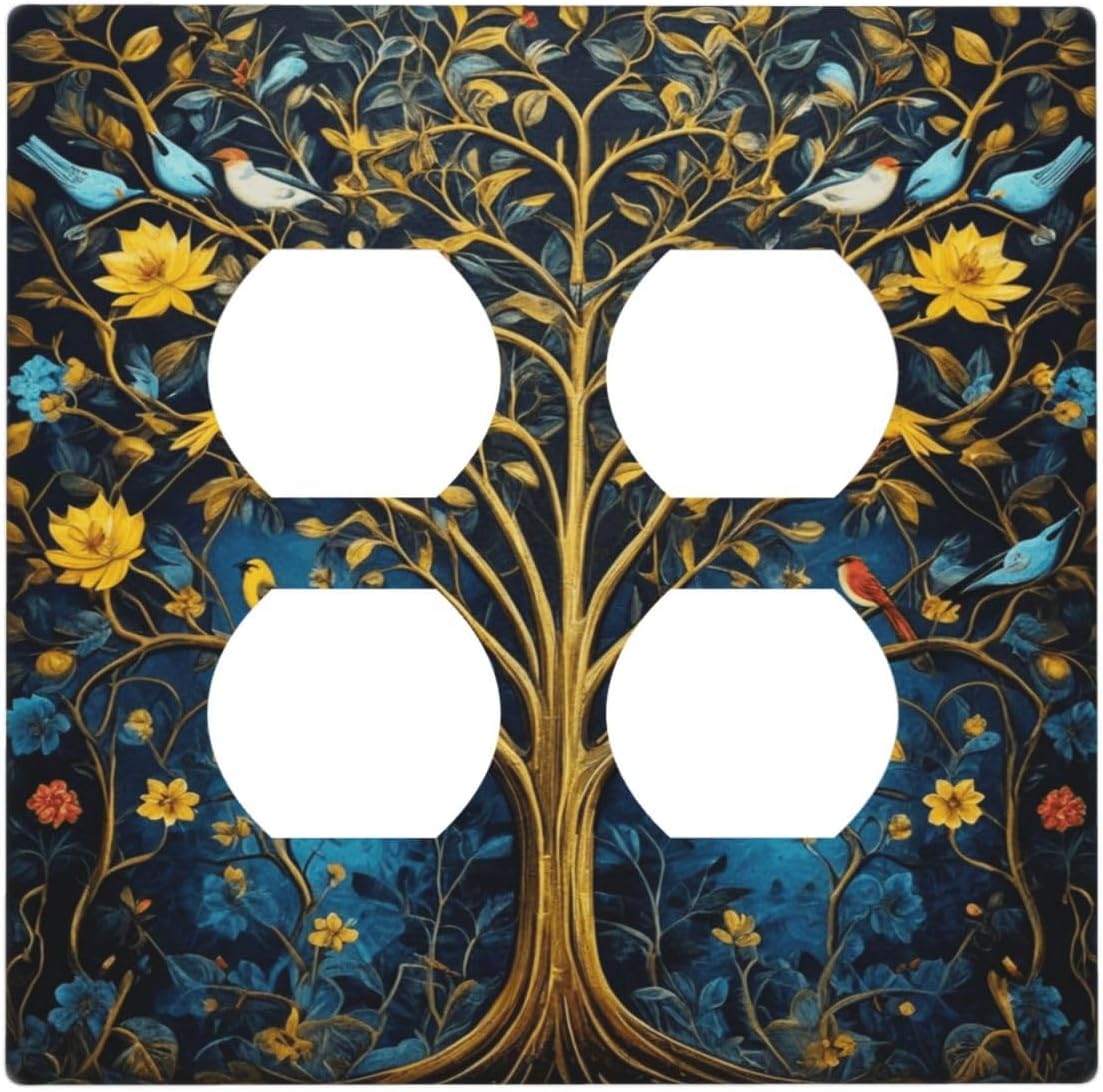 Decorative Outlet Covers Gold Tree of Life Blue Bird Yellow Flower 2 Gang Wall Plate Double Duplex Light Switch Cover Switch Plate Covers Faceplate for Bedroom Home Decor