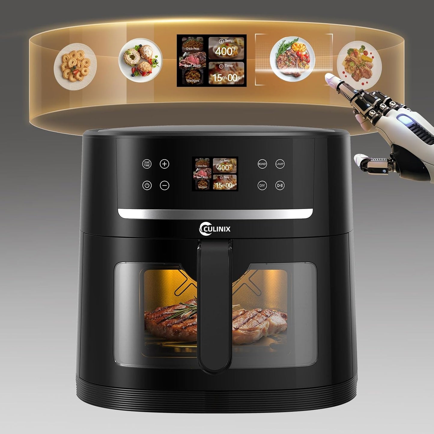 8.5QT Large Air Fryer, AI Intelligent Recognition Airfryer with Clear Window, Touch Controls with 12 AI Functions, Shake Reminder, Nonstick, Fit for Family, Black